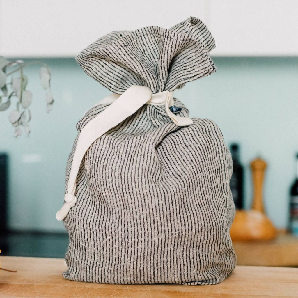Linen Bread Bag in Dark Blue and Natural Stripe - Image 3