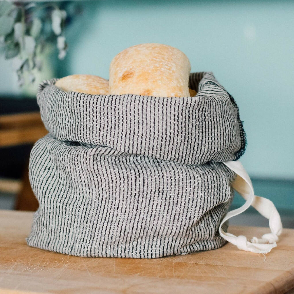 Linen Bread Bag in Dark Blue and Natural Stripe - Image 5