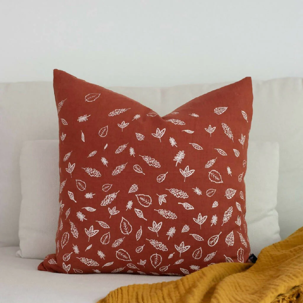 Linen Cushion with Hand Printed Leaf Design - Image 3