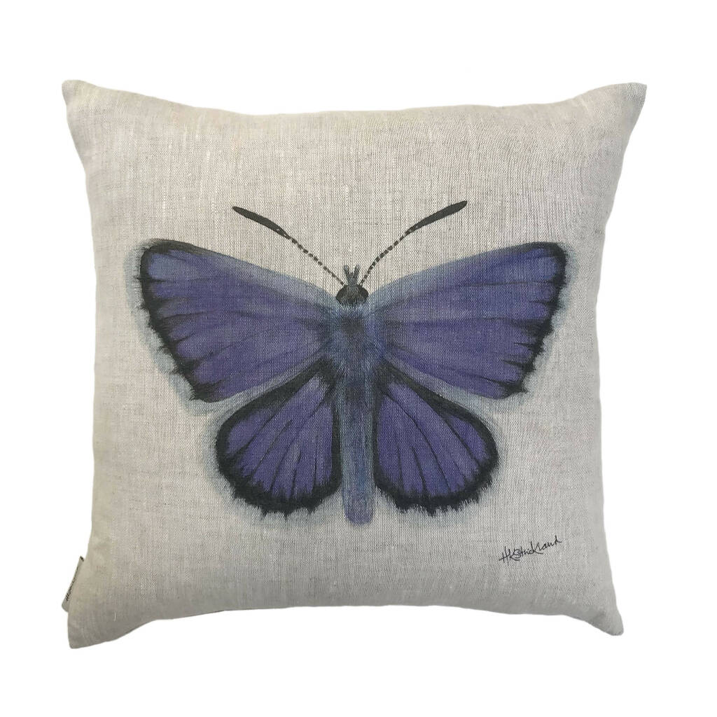 Linen Silver Studded Blue Butterfly Cushion - Image 2