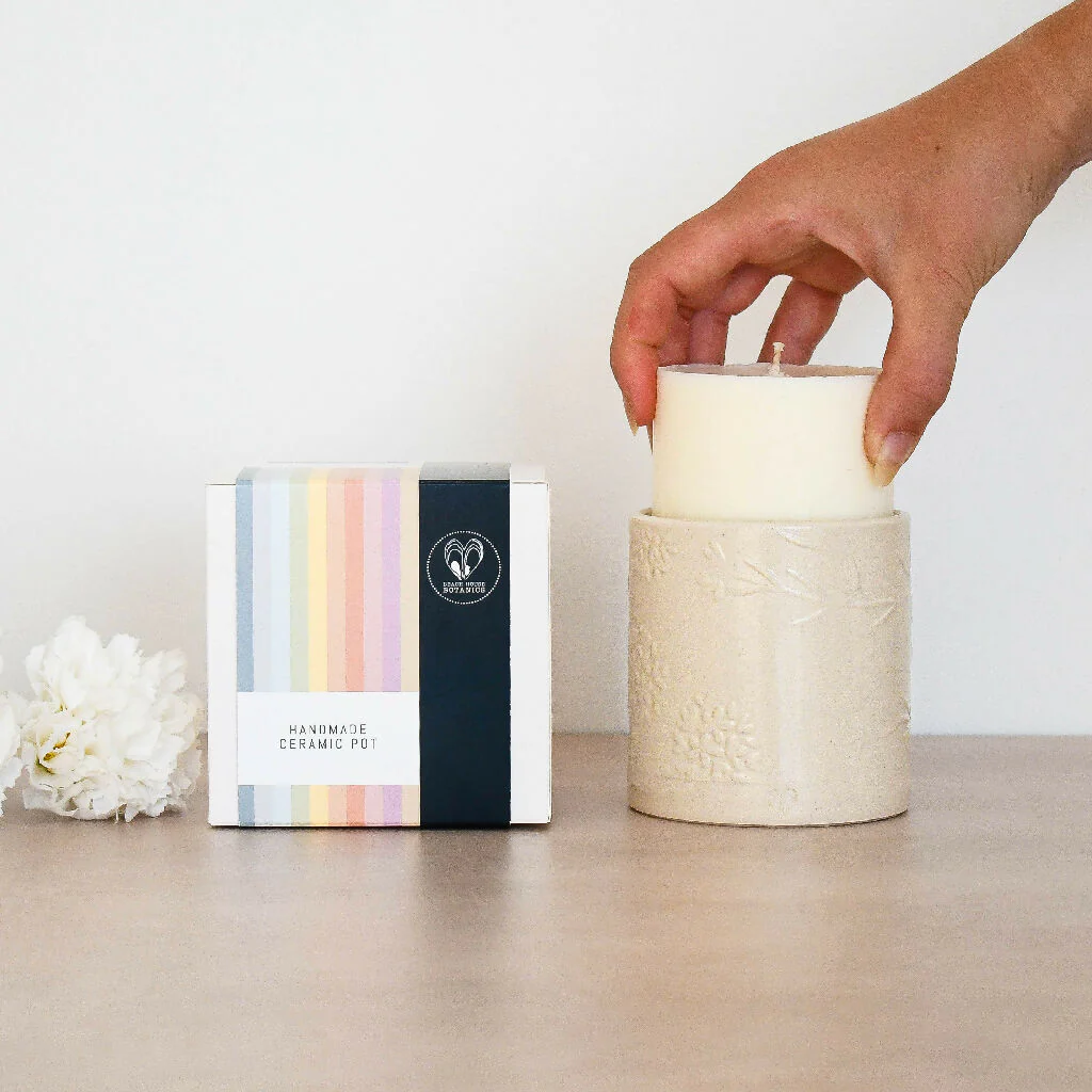 Lino print Botanical Candle Pot with Refill-Clotted Cream - Image 2