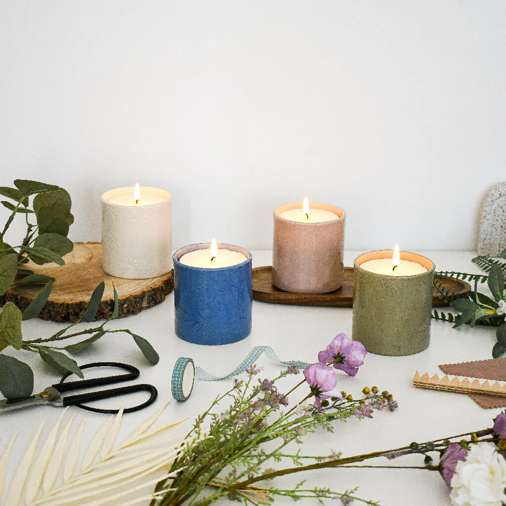 Lino print Botanical Candle Pot with Refill-Denim Blue - Image 7
