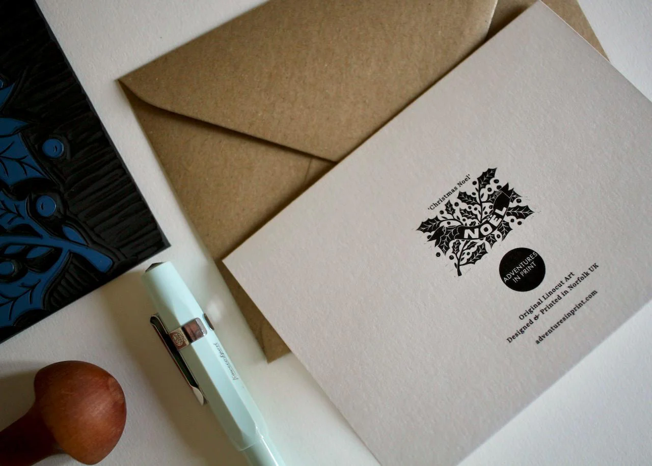 Linocut Holly Noël Christmas Card | Single Card or Pack - Image 5