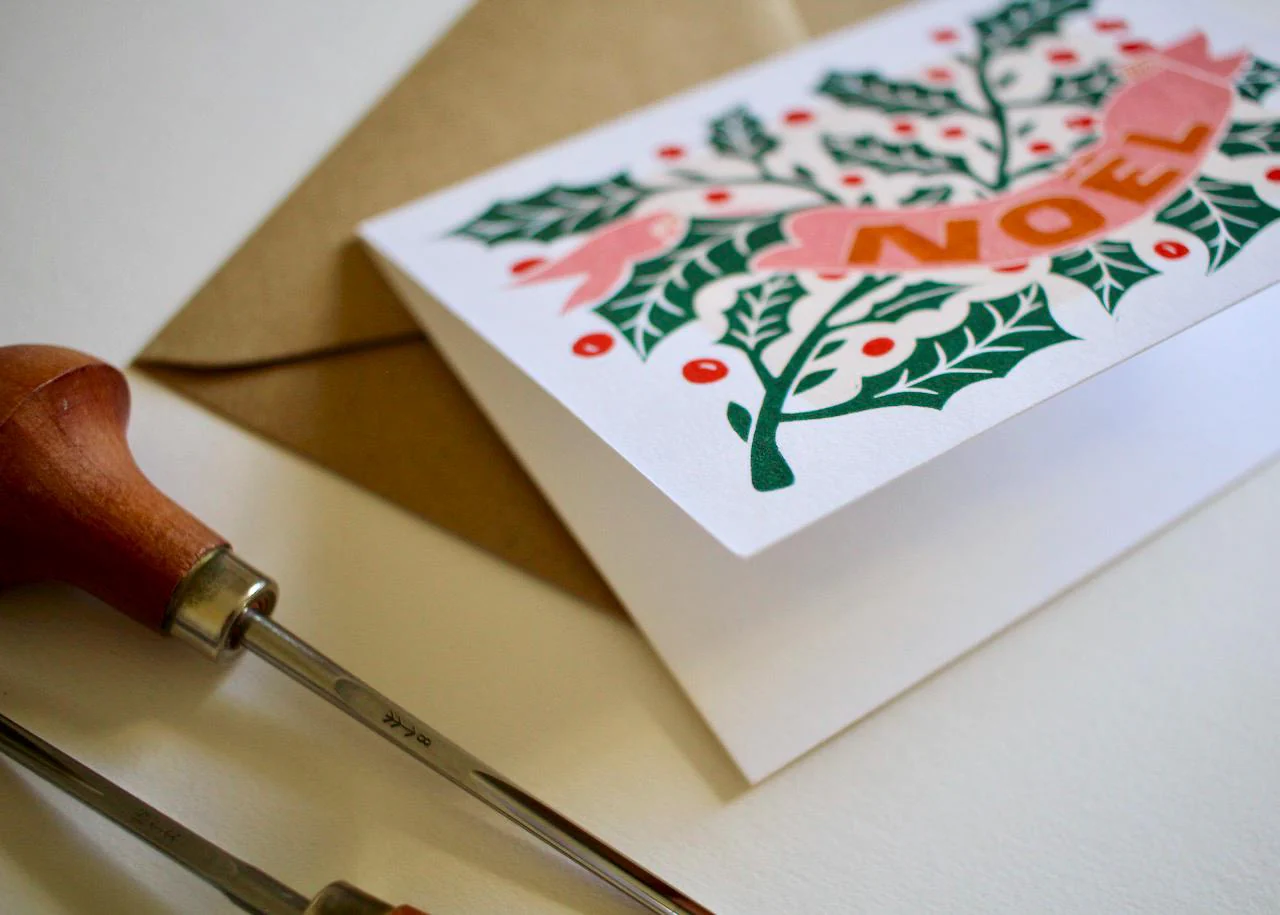 Linocut Holly Noël Christmas Card | Single Card or Pack - Image 6