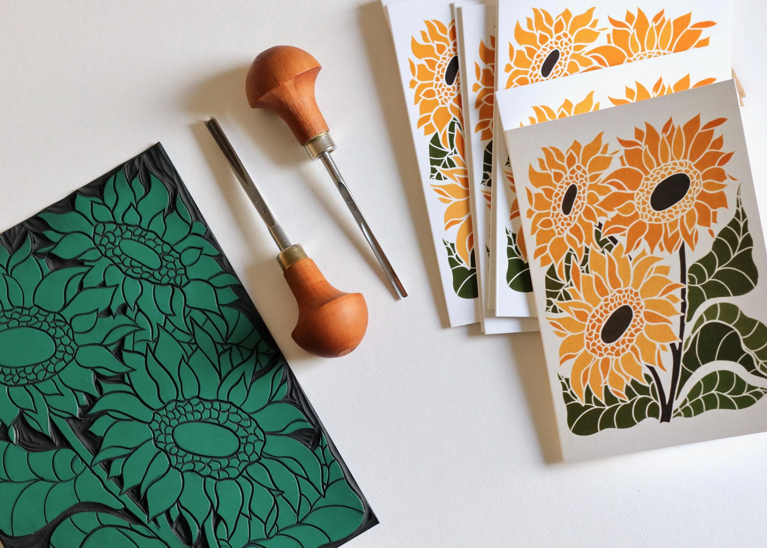 Linocut Joy Bloom Sunflower Cards | Set of 8 Notecards & Envelopes - Image 2