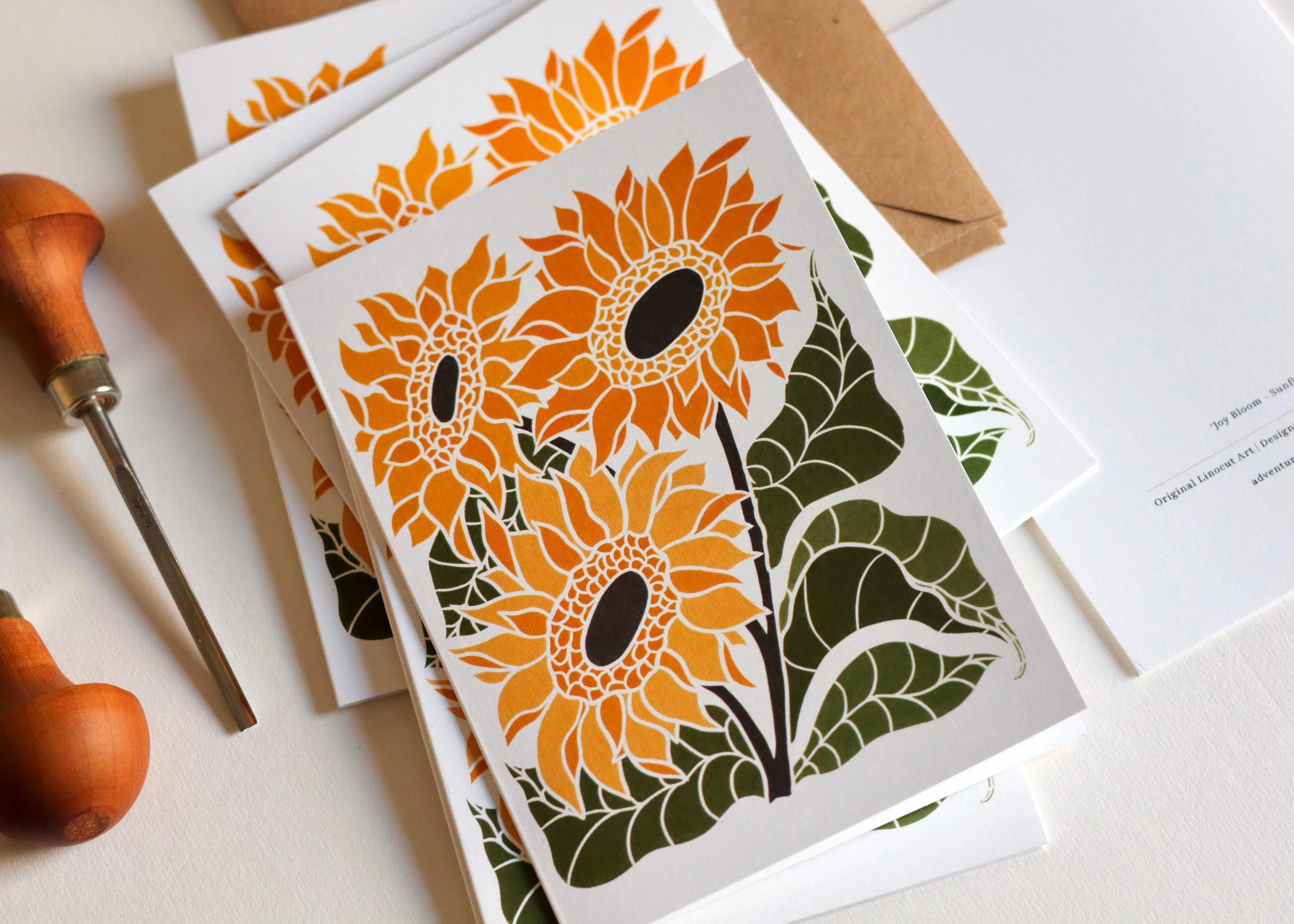 Linocut Joy Bloom Sunflower Cards | Set of 8 Notecards & Envelopes - Image 3