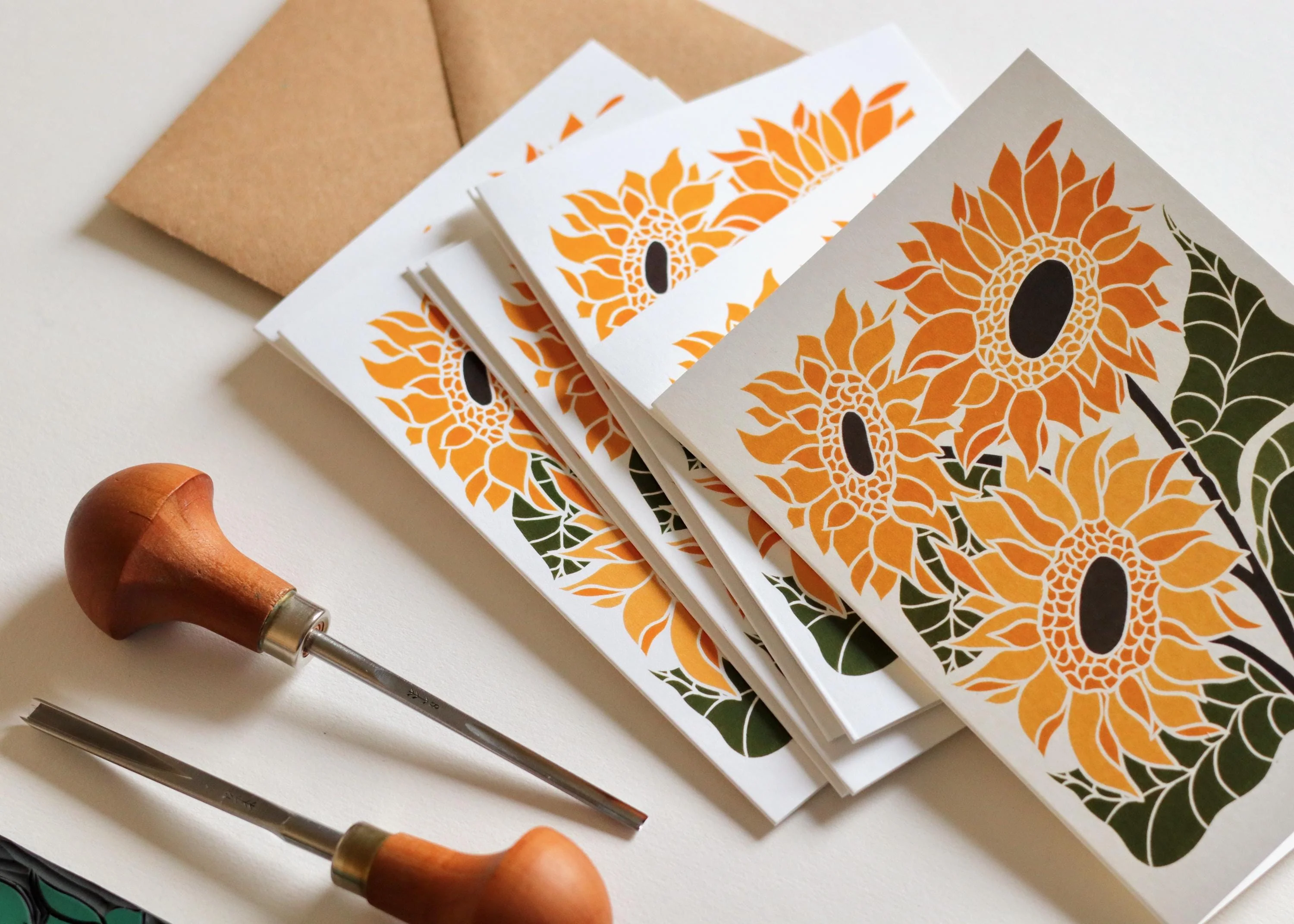 Linocut Joy Bloom Sunflower Cards | Set of 8 Notecards & Envelopes - Image 4