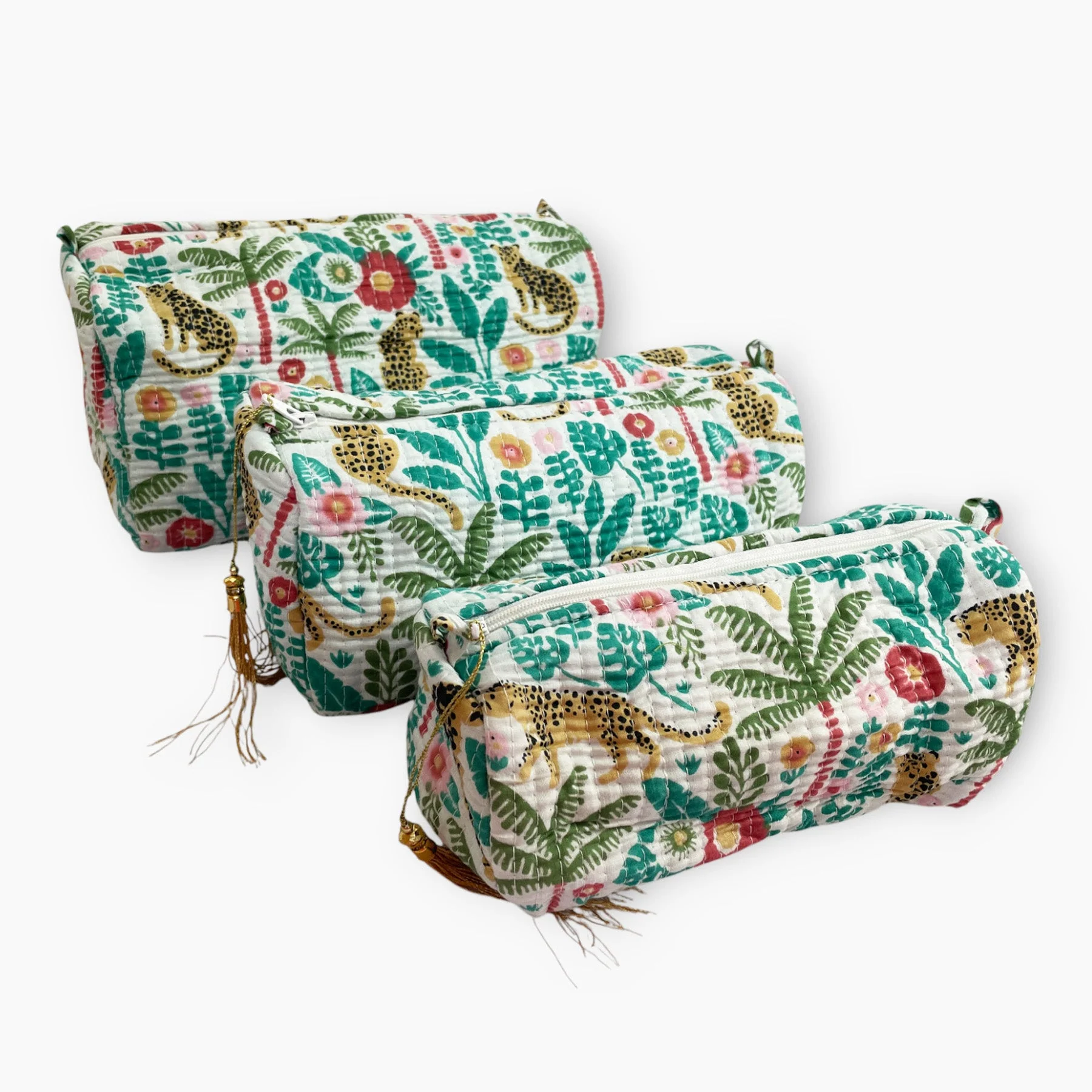 Little Leopard Cotton Washbag, Make Up Bag, Pencil Case with Waterproof Lining - Little Leopards Print in Greens - Image 2