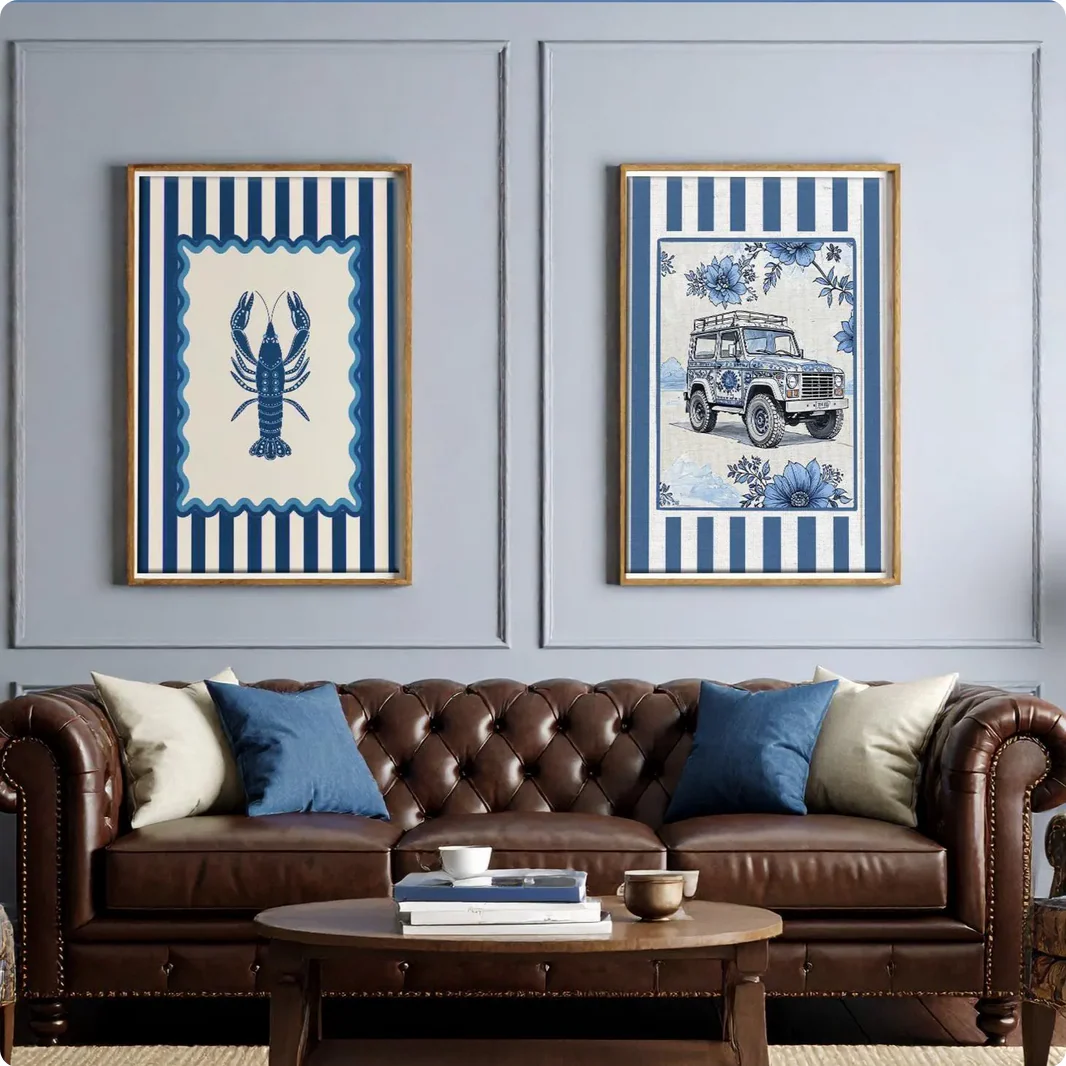 Lobster Coastal Print Blue Striped Artwork Lobster Wall Art - Image 2