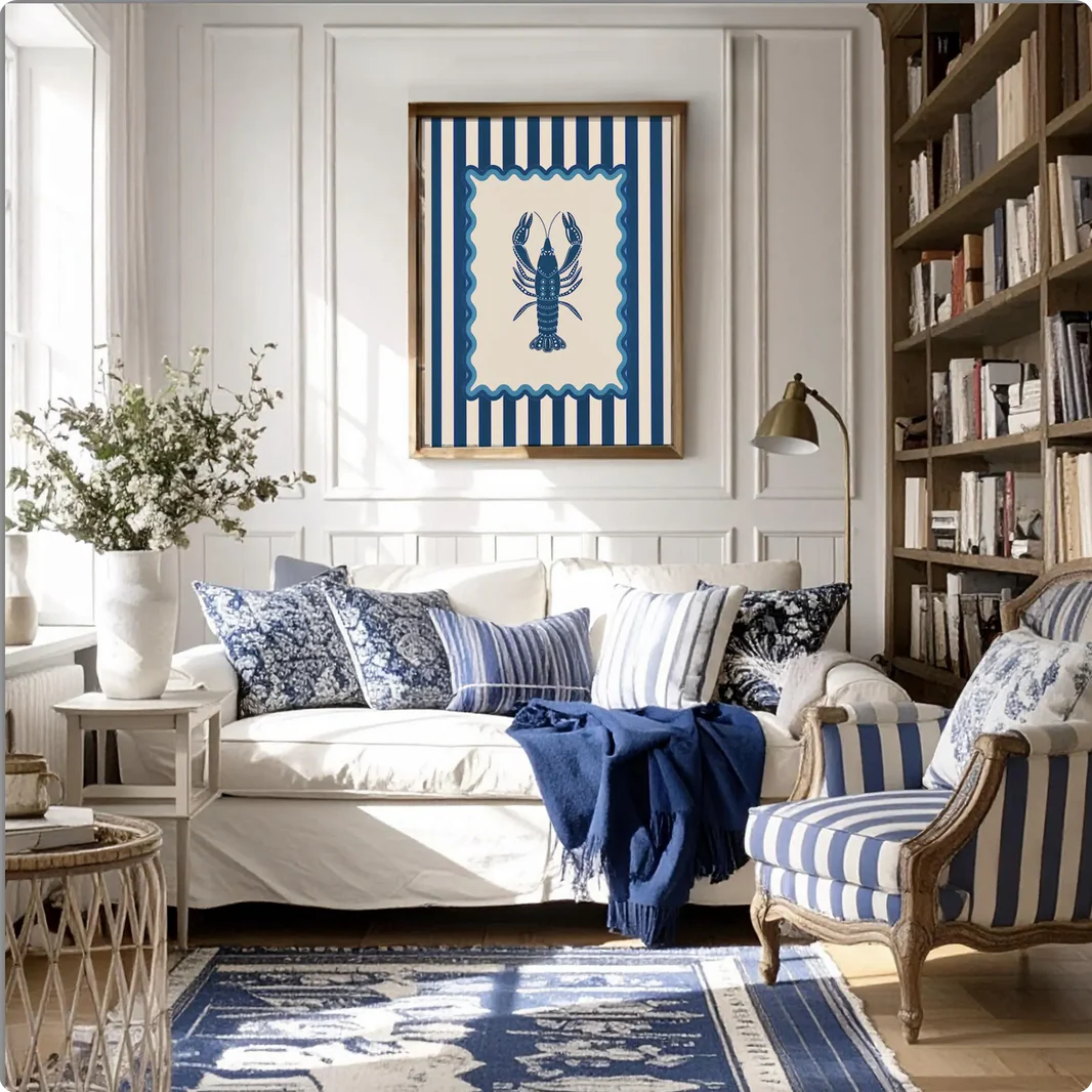 Lobster Coastal Print Blue Striped Artwork Lobster Wall Art - Image 4