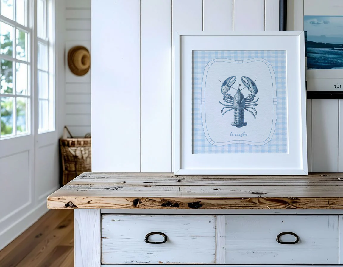 Lobster Print Coastal Artwork Blue White Gingham - Image 7