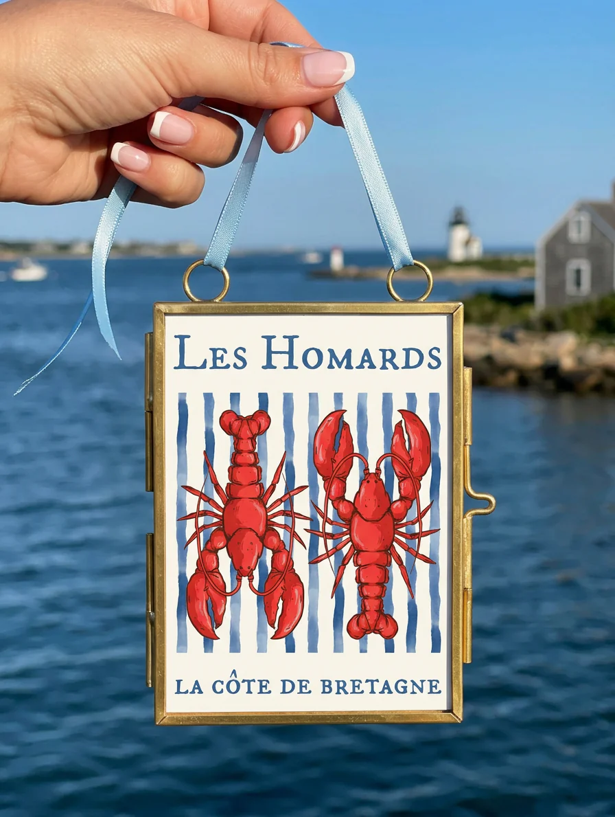 Lobster Print Coastal Artwork Mini Brass Frame Beach House Decor - Image 2