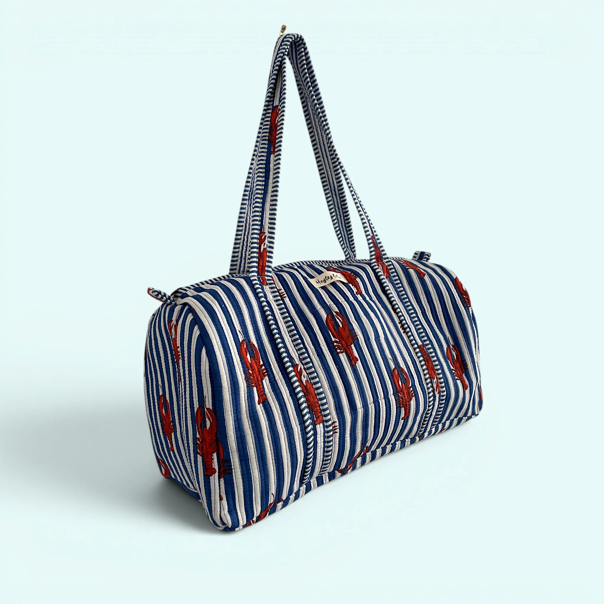 Lobster Print Cotton Quilted Weekend Duffle Bag in Blue and White - Image 2
