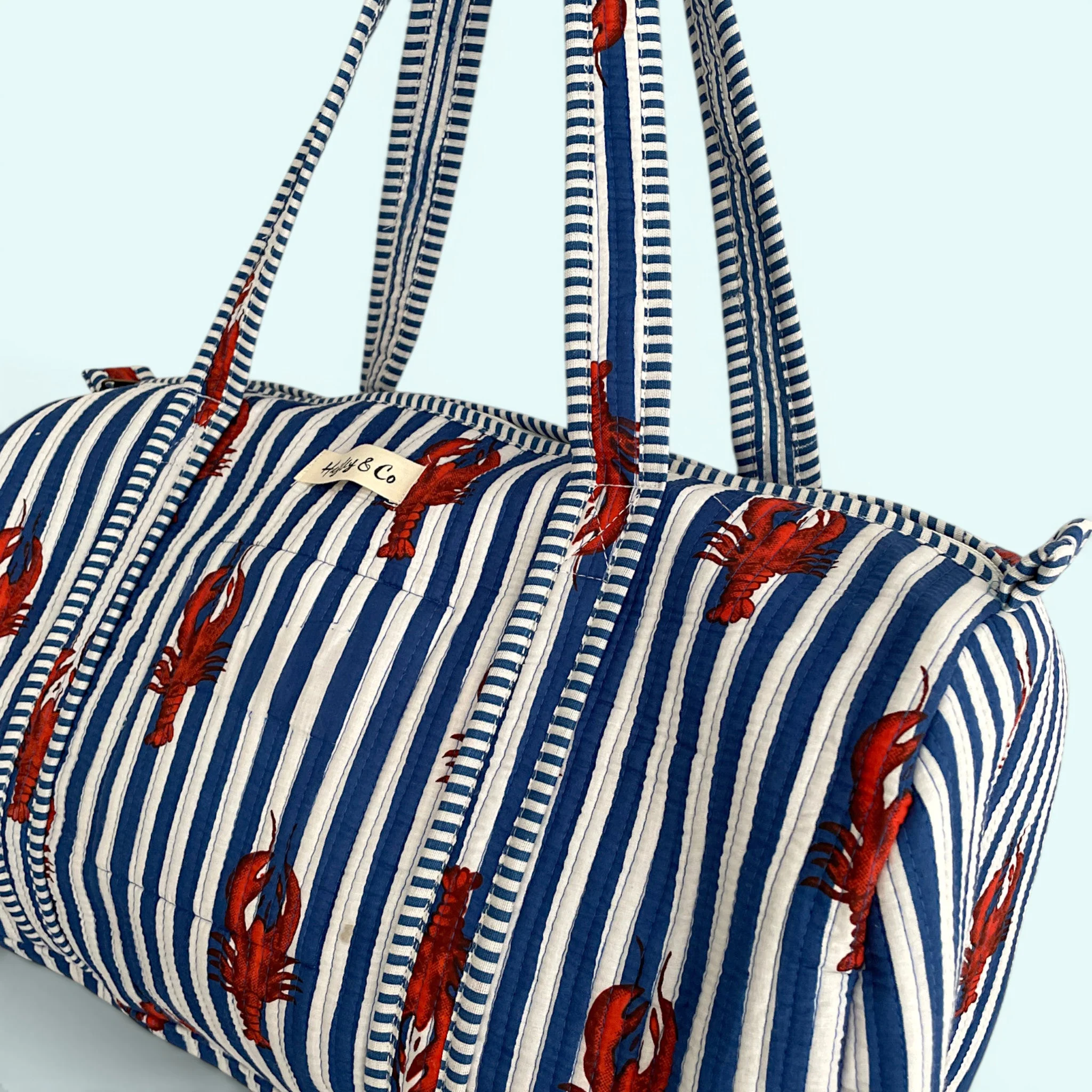 Lobster Print Cotton Quilted Weekend Duffle Bag in Blue and White - Image 3