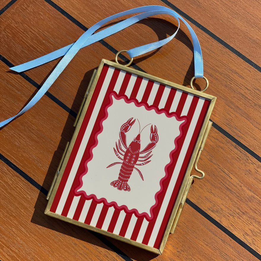 Lobster Print Striped Artwork Mini Brass Hanging Frame Nautical Kitchen Wall Art