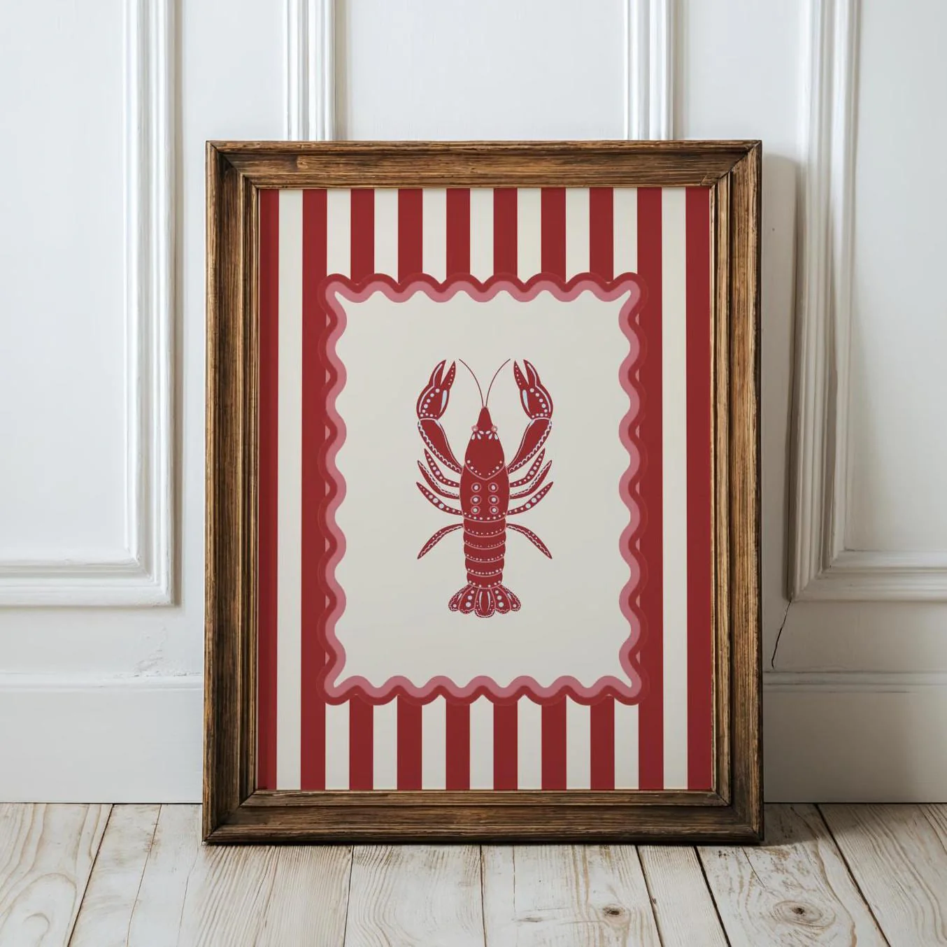Lobster Print Striped Artwork Mini Brass Hanging Frame Nautical Kitchen Wall Art - Image 2