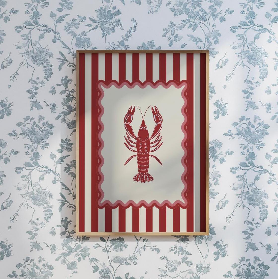 Lobster Print Striped Artwork Mini Brass Hanging Frame Nautical Kitchen Wall Art - Image 3
