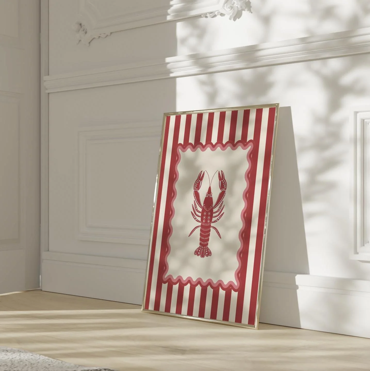 Lobster Print Striped Artwork Mini Brass Hanging Frame Nautical Kitchen Wall Art - Image 5
