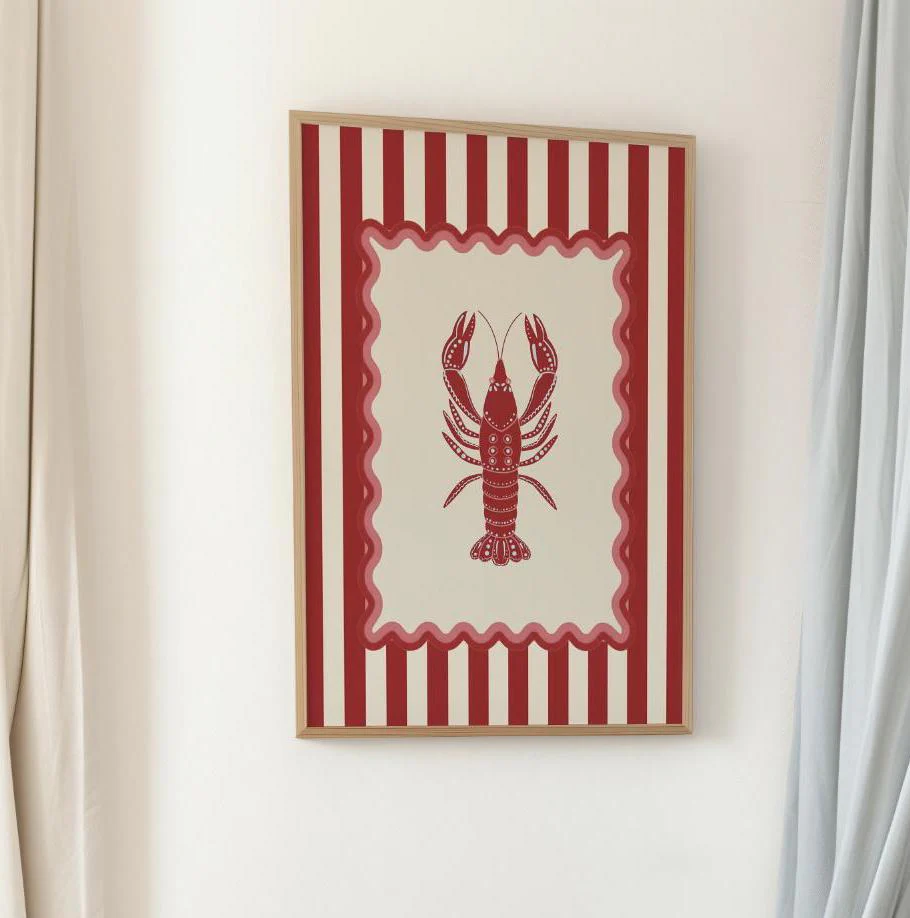 Lobster Print Striped Artwork Mini Brass Hanging Frame Nautical Kitchen Wall Art - Image 6
