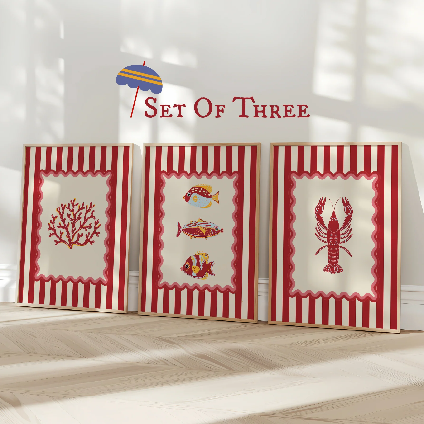 Lobster, Sardines & Coral Wall Art. Gallery Print Set of 3 - Nantucket Red - Image 6