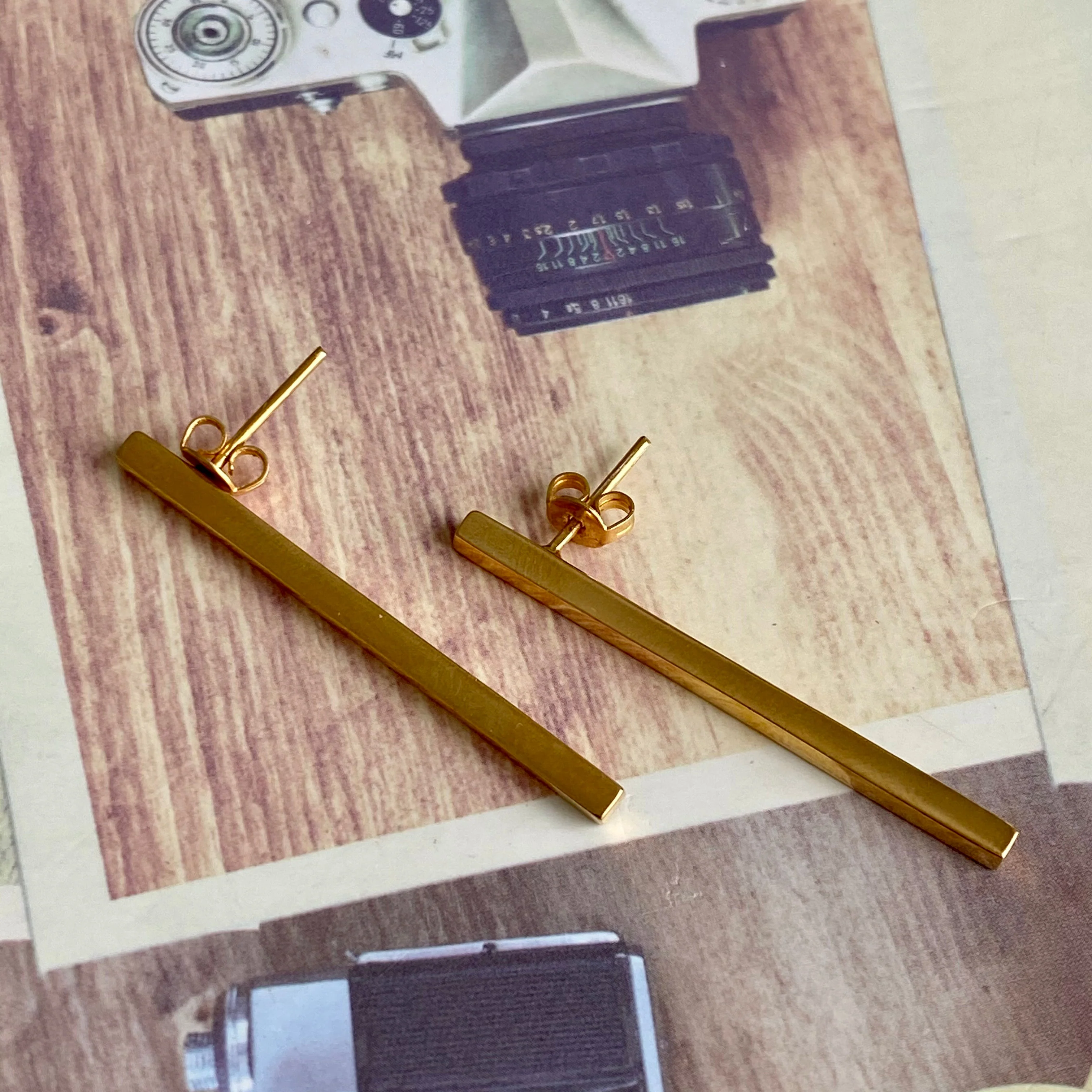 Long Cuboid Shaped Straight Bar Gold Plated Sterling Silver Earrings - Image 4