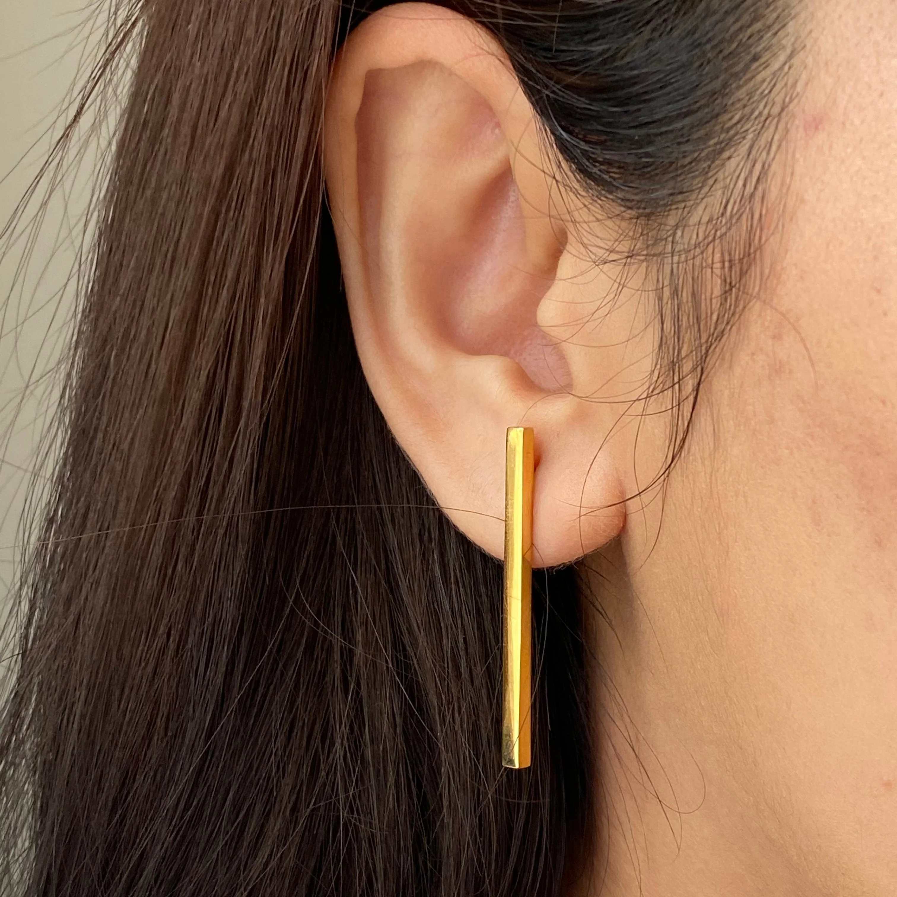 Long Cuboid Shaped Straight Bar Gold Plated Sterling Silver Earrings - Image 5