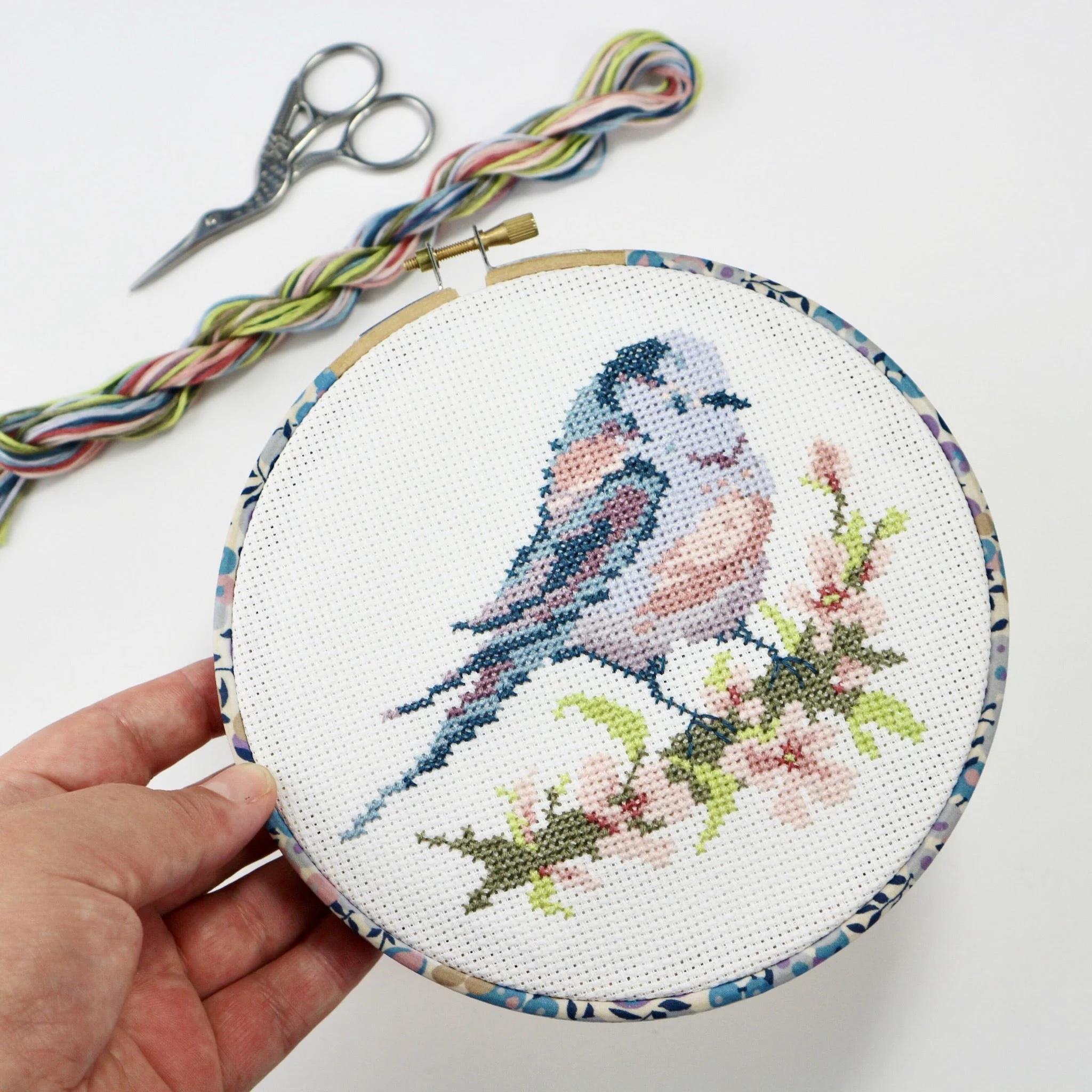 Long-tailed Tit with Pink Blossom , Cross Stitch Embroidery Hoop Wall Hanging Kit - Image 3