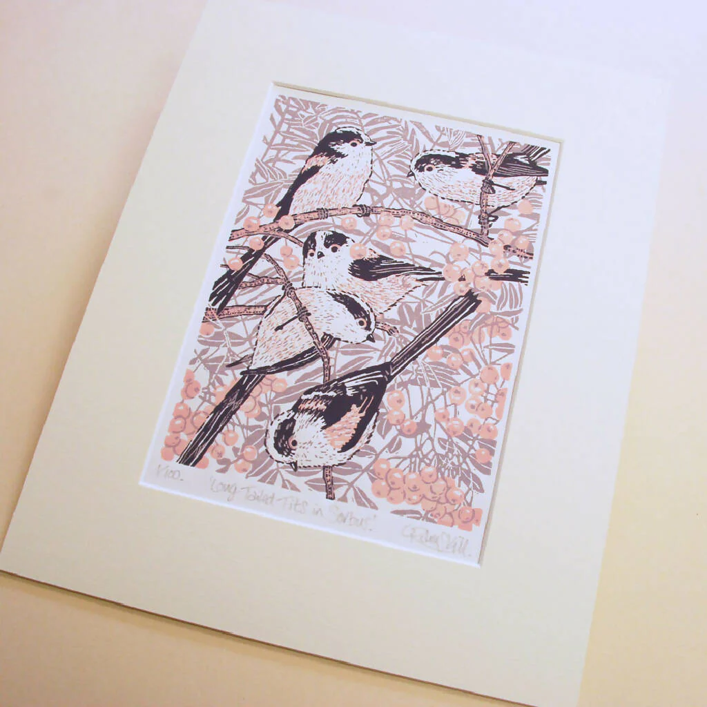 Long-tailed Tits in Sorbus - Limited Edition - Original Linocut Print - Image 2