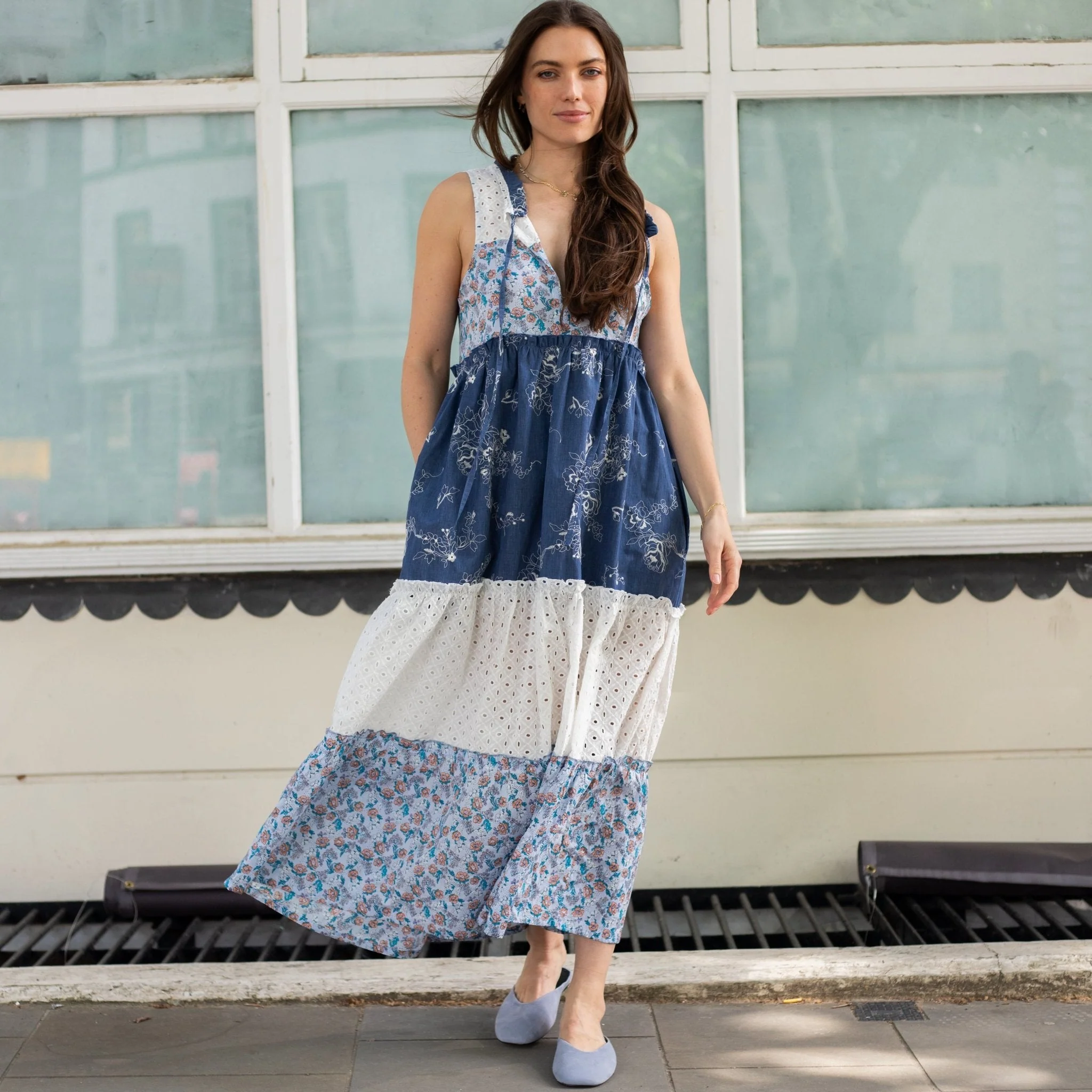 Maisie Tiered Floral Sleeveless Boho Maxi Dress Blue - Image 10
