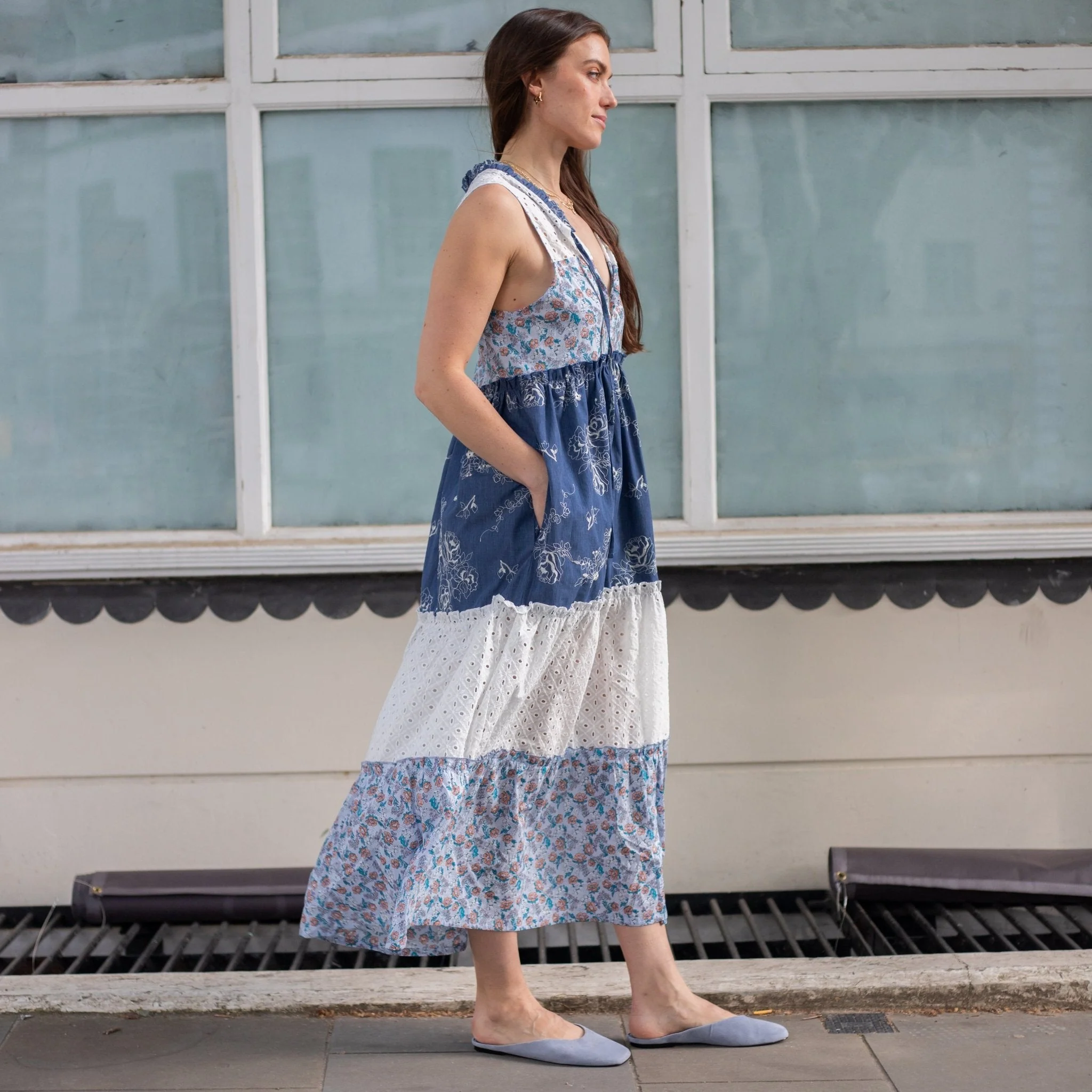 Maisie Tiered Floral Sleeveless Boho Maxi Dress Blue - Image 11