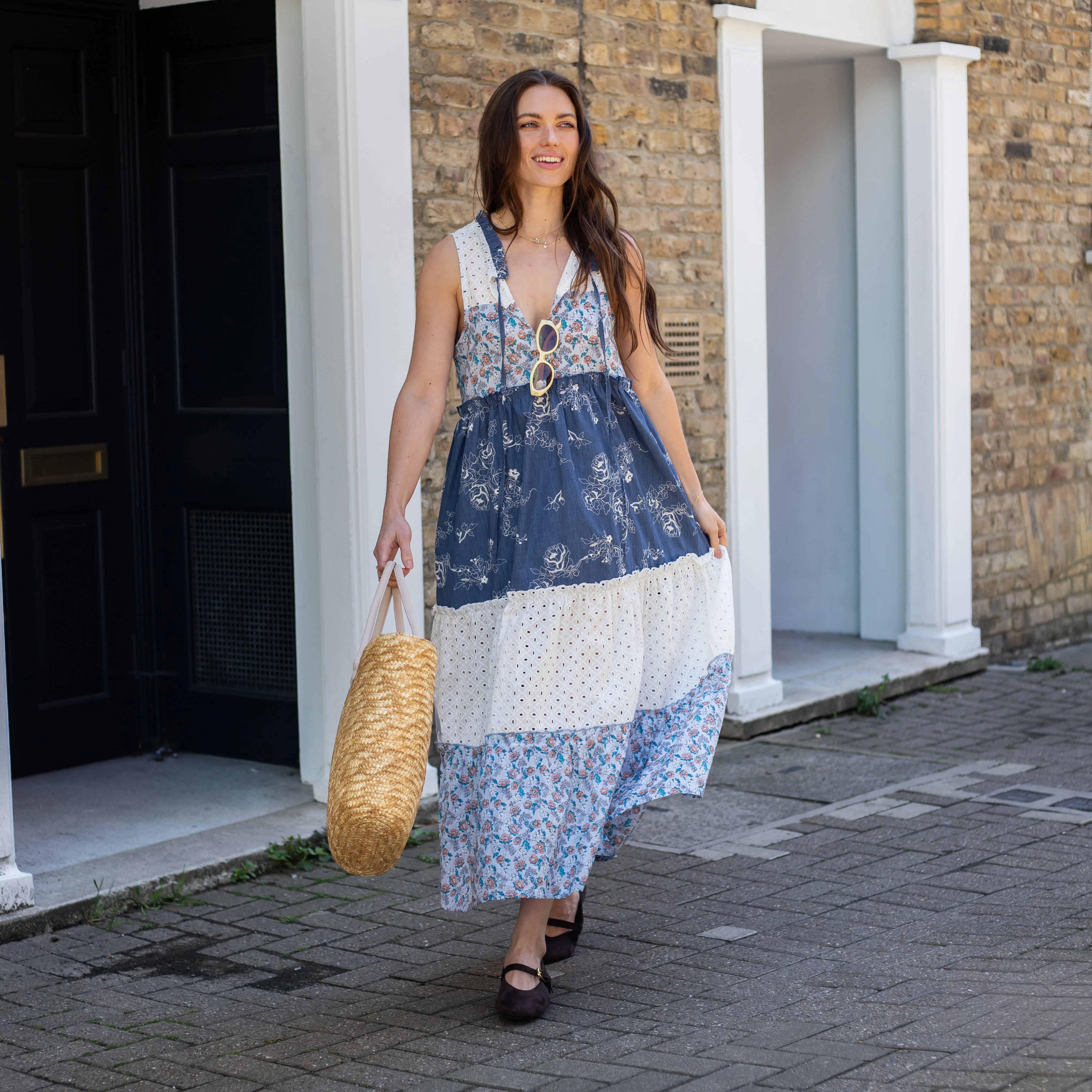Maisie Tiered Floral Sleeveless Boho Maxi Dress Blue - Image 12