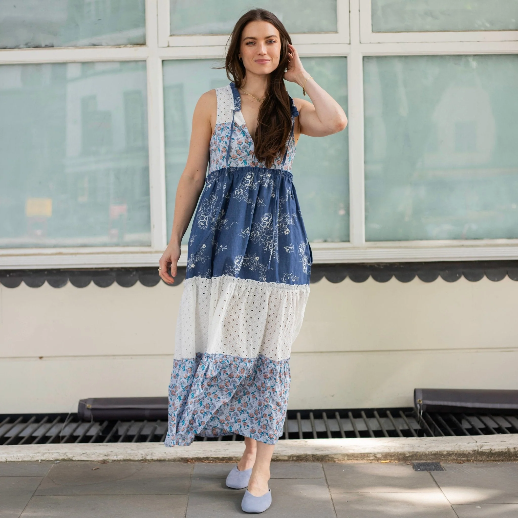 Maisie Tiered Floral Sleeveless Boho Maxi Dress Blue - Image 3
