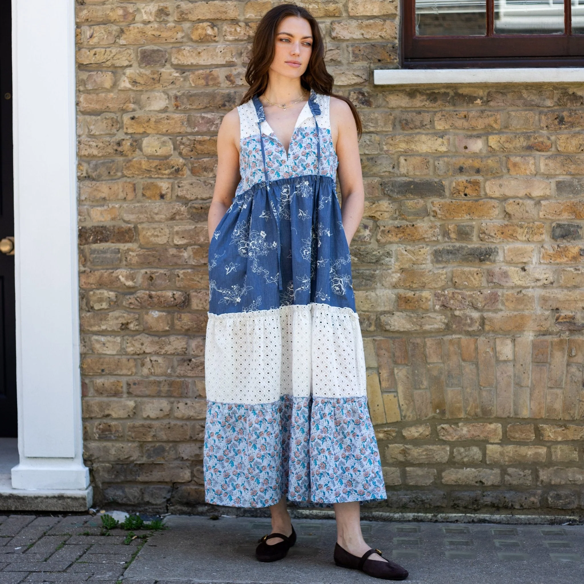 Maisie Tiered Floral Sleeveless Boho Maxi Dress Blue - Image 4