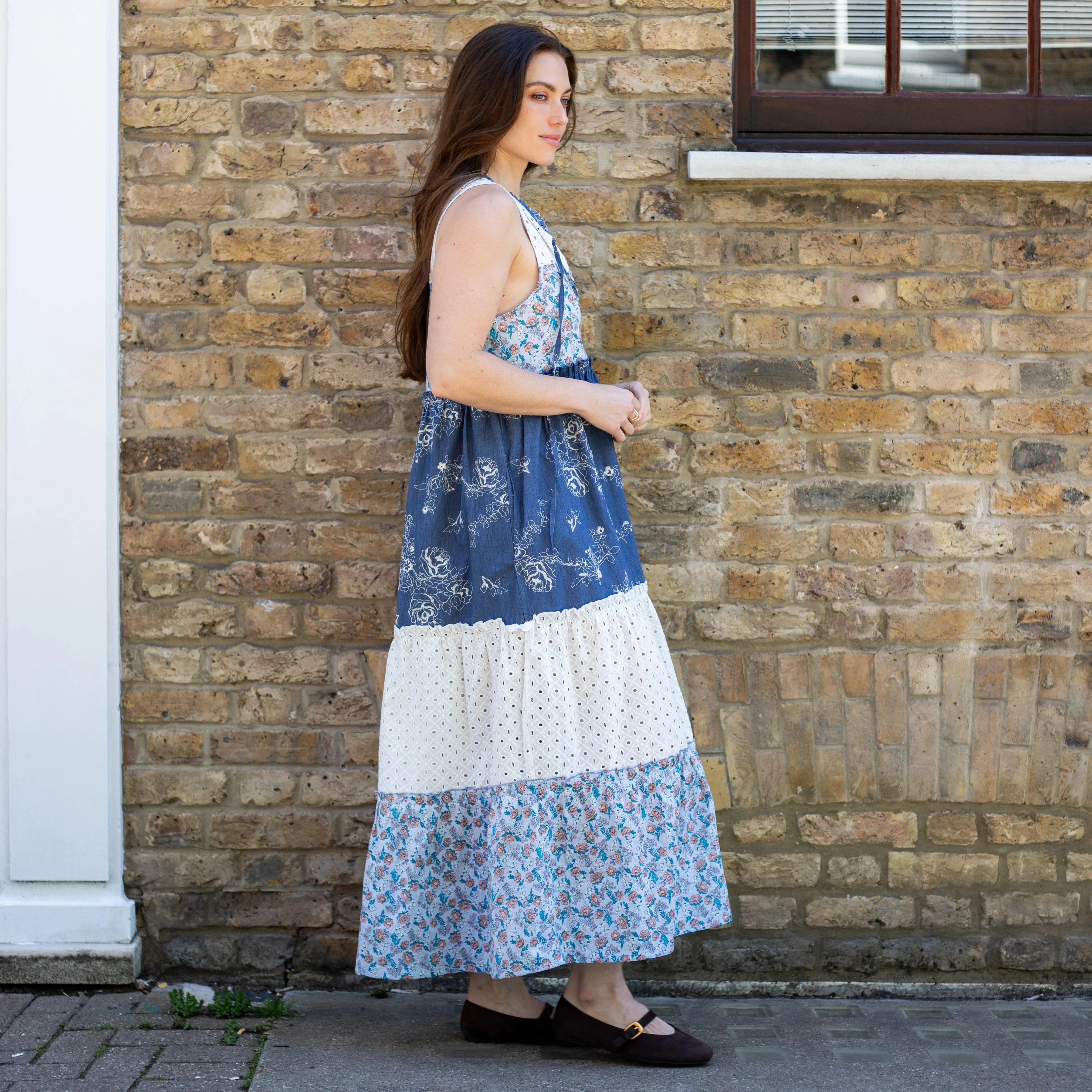 Maisie Tiered Floral Sleeveless Boho Maxi Dress Blue - Image 5