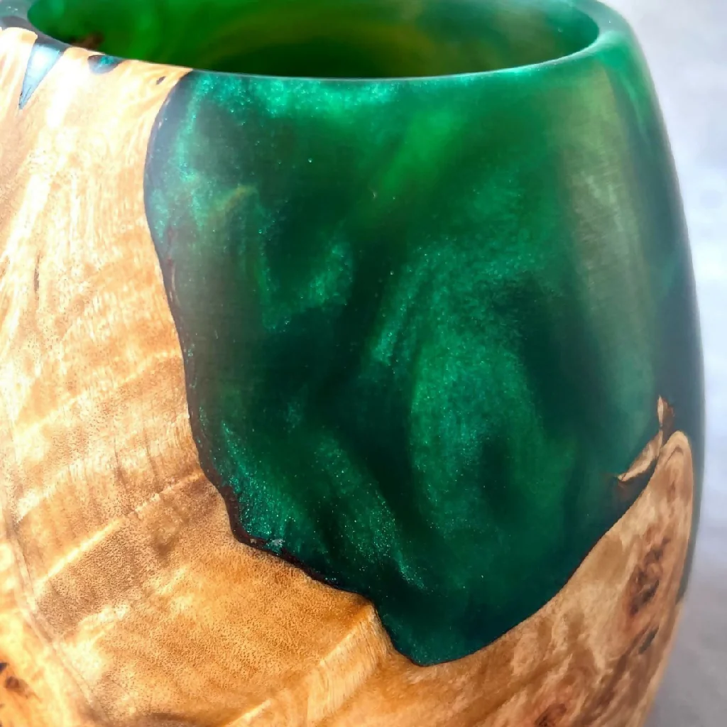 Mappa Burr and Green Resin Hollow Form Small Decorative Vase + 95mm | Sculptured Wood - Image 2