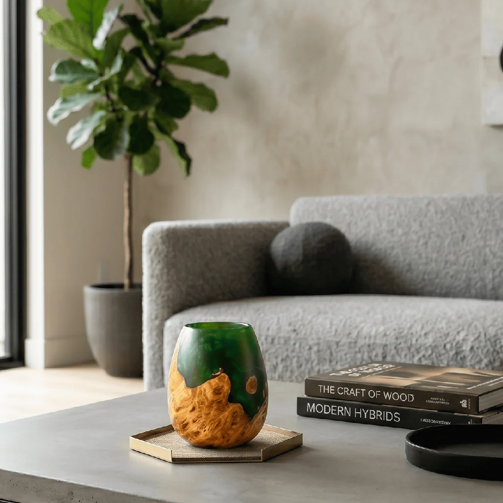 Mappa Burr and Green Resin Hollow Form Small Decorative Vase + 95mm | Sculptured Wood - Image 3
