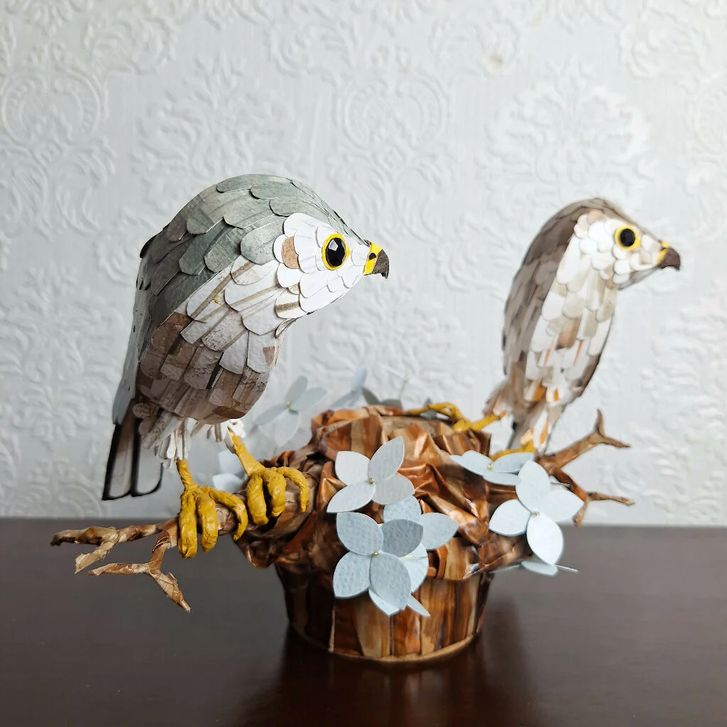 Merlin bird pair on a tree stump handmade paper sculpture - Image 6