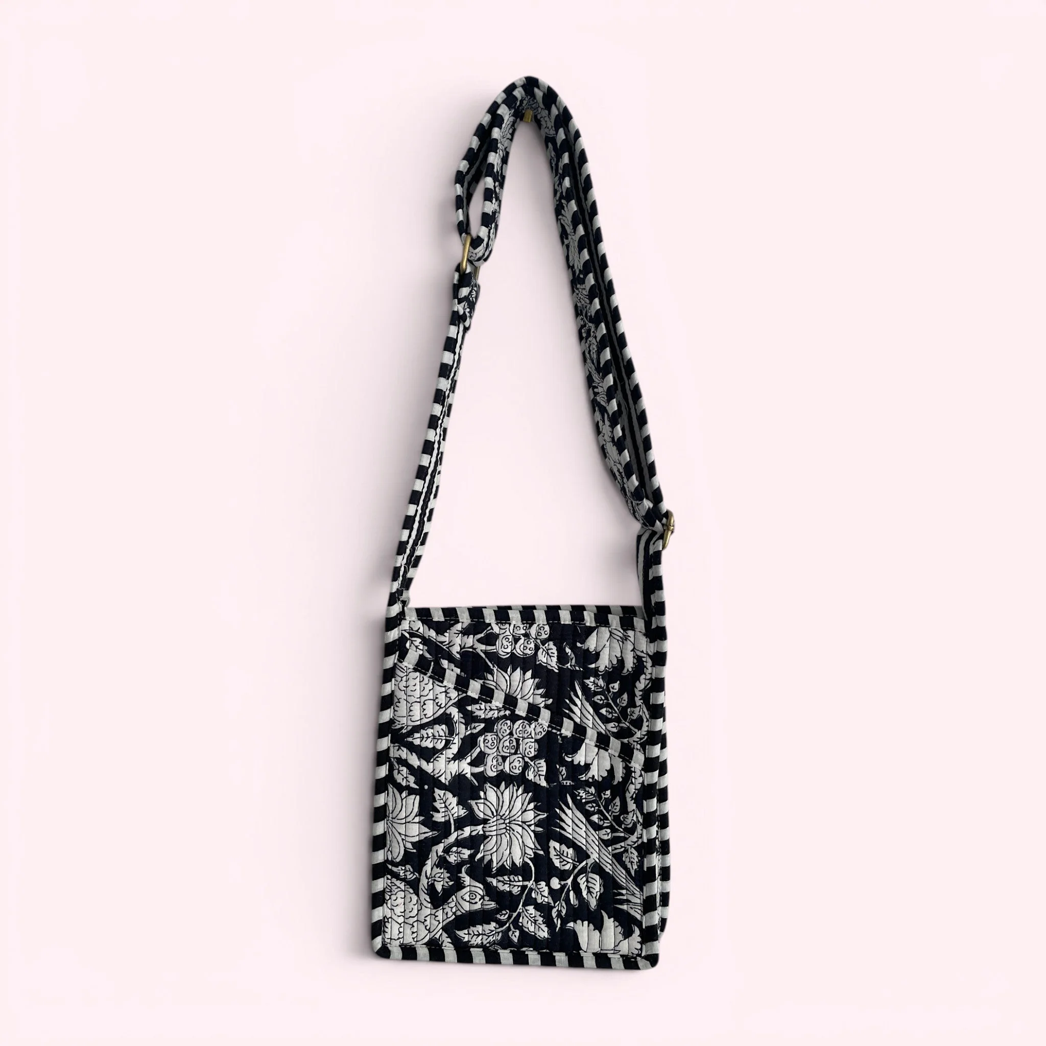 Mini Cross Body Bag - Black and White Block Print Floral - Image 2