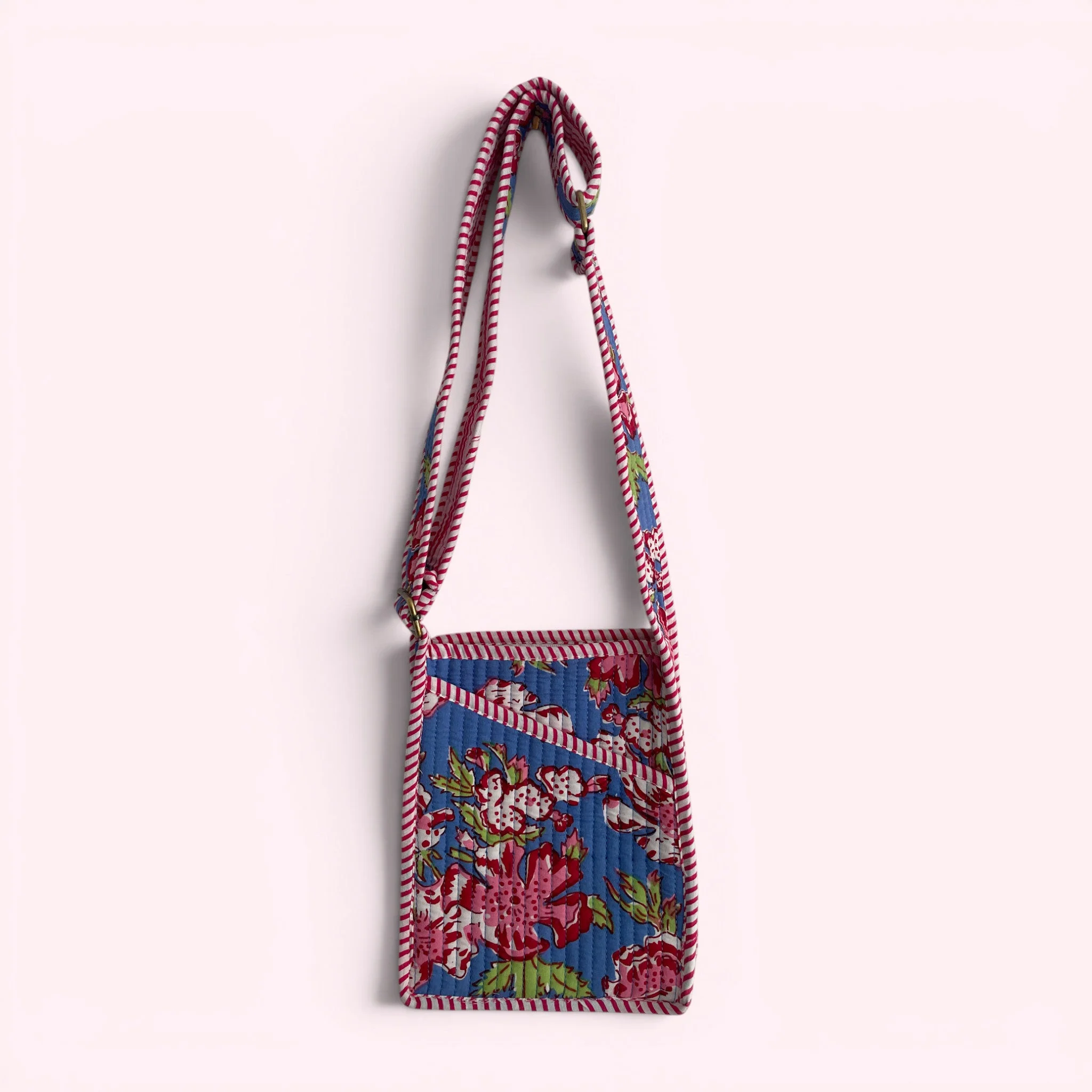 Mini Cross Body Bag - Denim Blue and Pink Block Print Floral