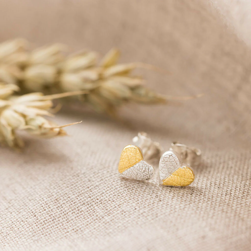 Mini Silver and Gold Heart Stud Earrings Inspired by Nature - Image 10