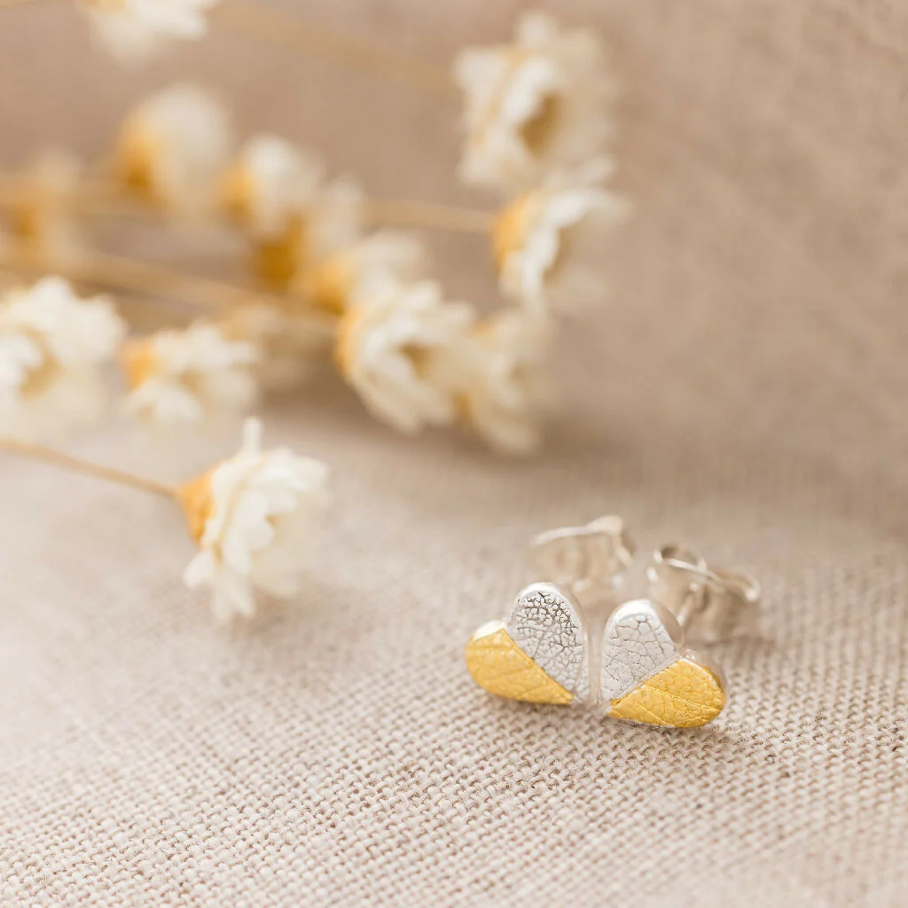 Mini Silver and Gold Heart Stud Earrings Inspired by Nature - Image 3