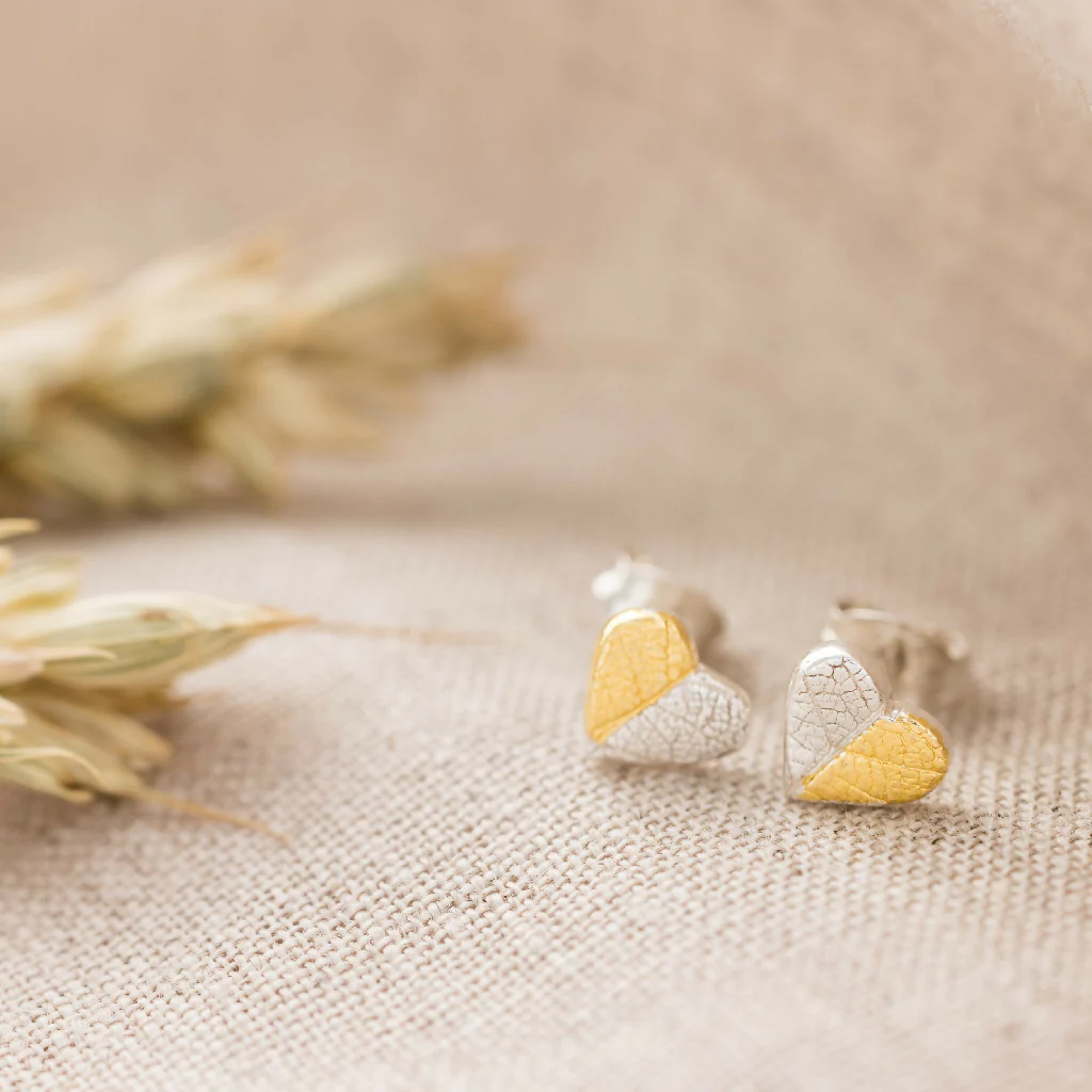 Mini Silver and Gold Heart Stud Earrings Inspired by Nature - Image 5