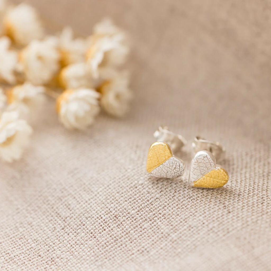 Mini Silver and Gold Heart Stud Earrings Inspired by Nature - Image 7