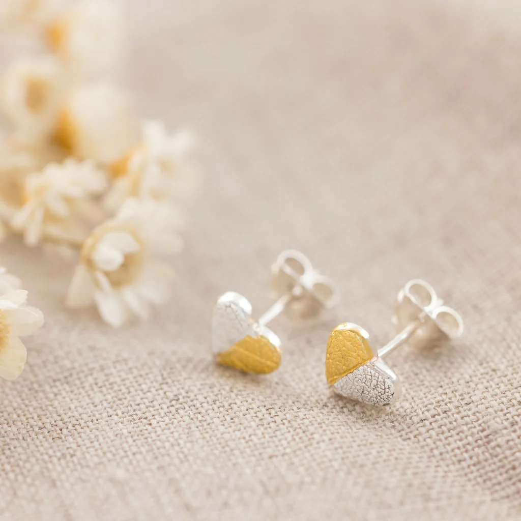 Mini Silver and Gold Heart Stud Earrings Inspired by Nature - Image 9