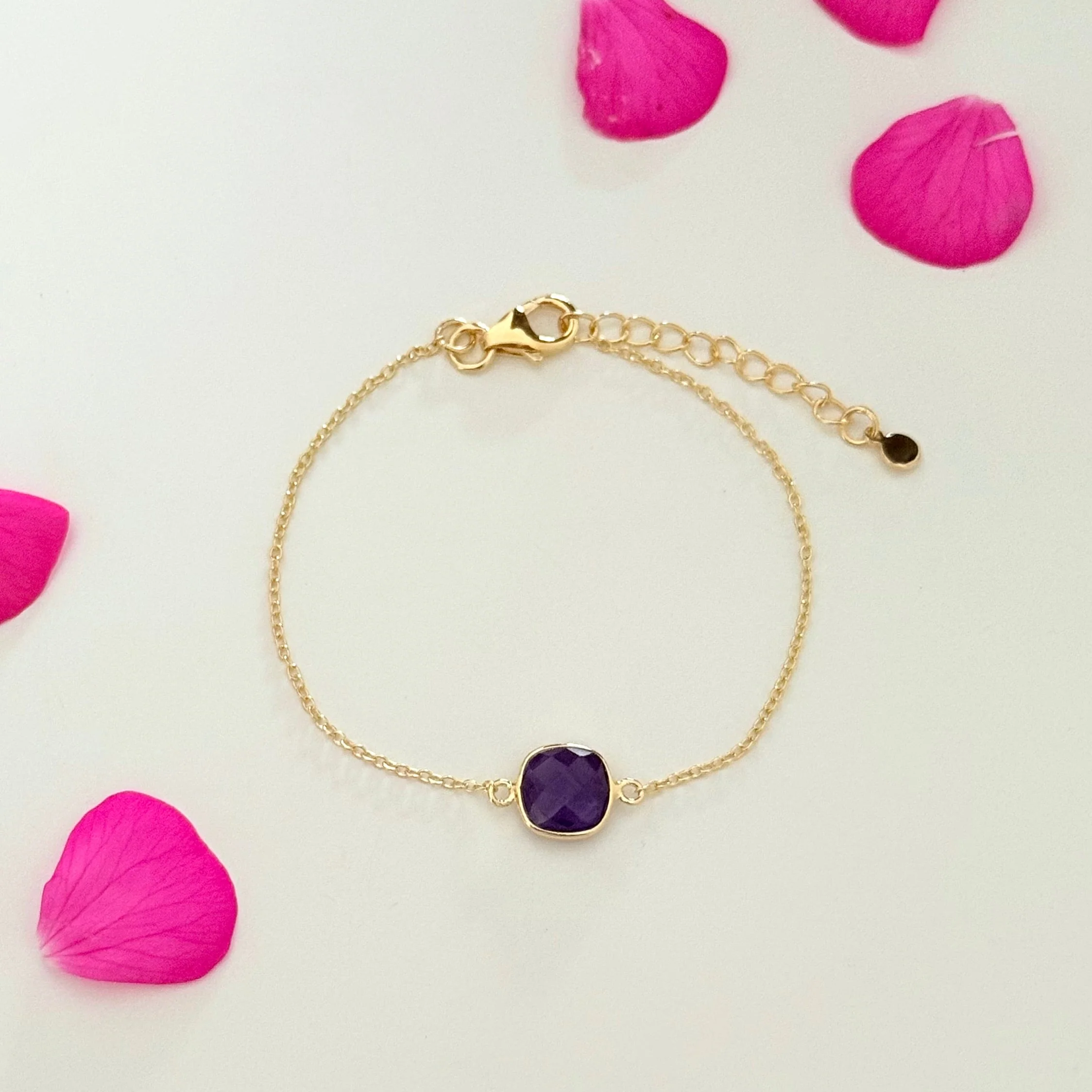 Minimal Adjustable Bracelet in 3 micron 18k Gold Plated Sterling Silver with a Squared Shaped Amethyst Gemstone - Image 3