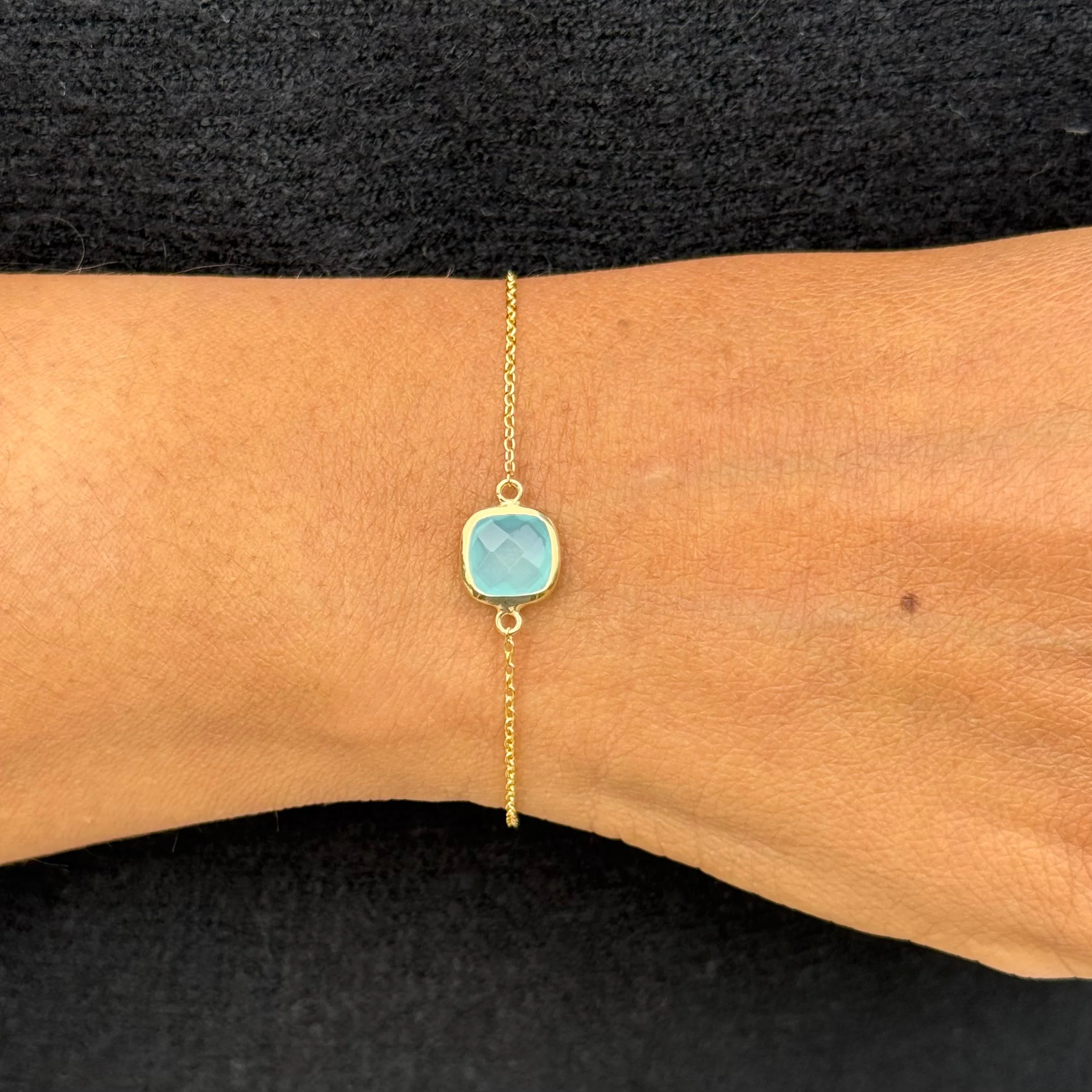 Minimal Adjustable Bracelet in 3 micron 18k Gold Plated Sterling Silver with a Squared Shaped Aqua Chalcedony Gemstone - Image 3