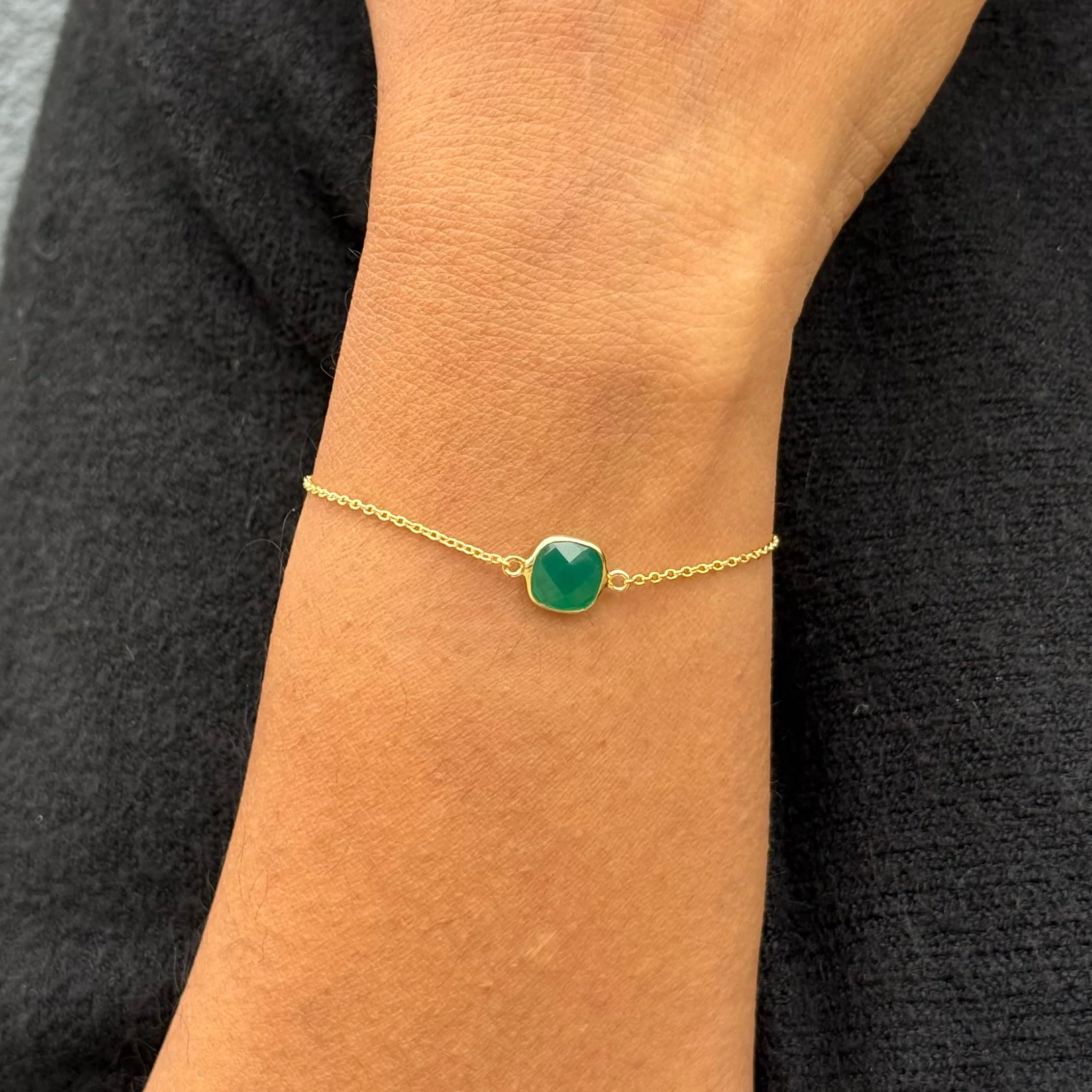 Minimal Adjustable Bracelet in 3 micron 18k Gold Plated Sterling Silver with a Squared Shaped Green Onyx Gemstone - Image 3