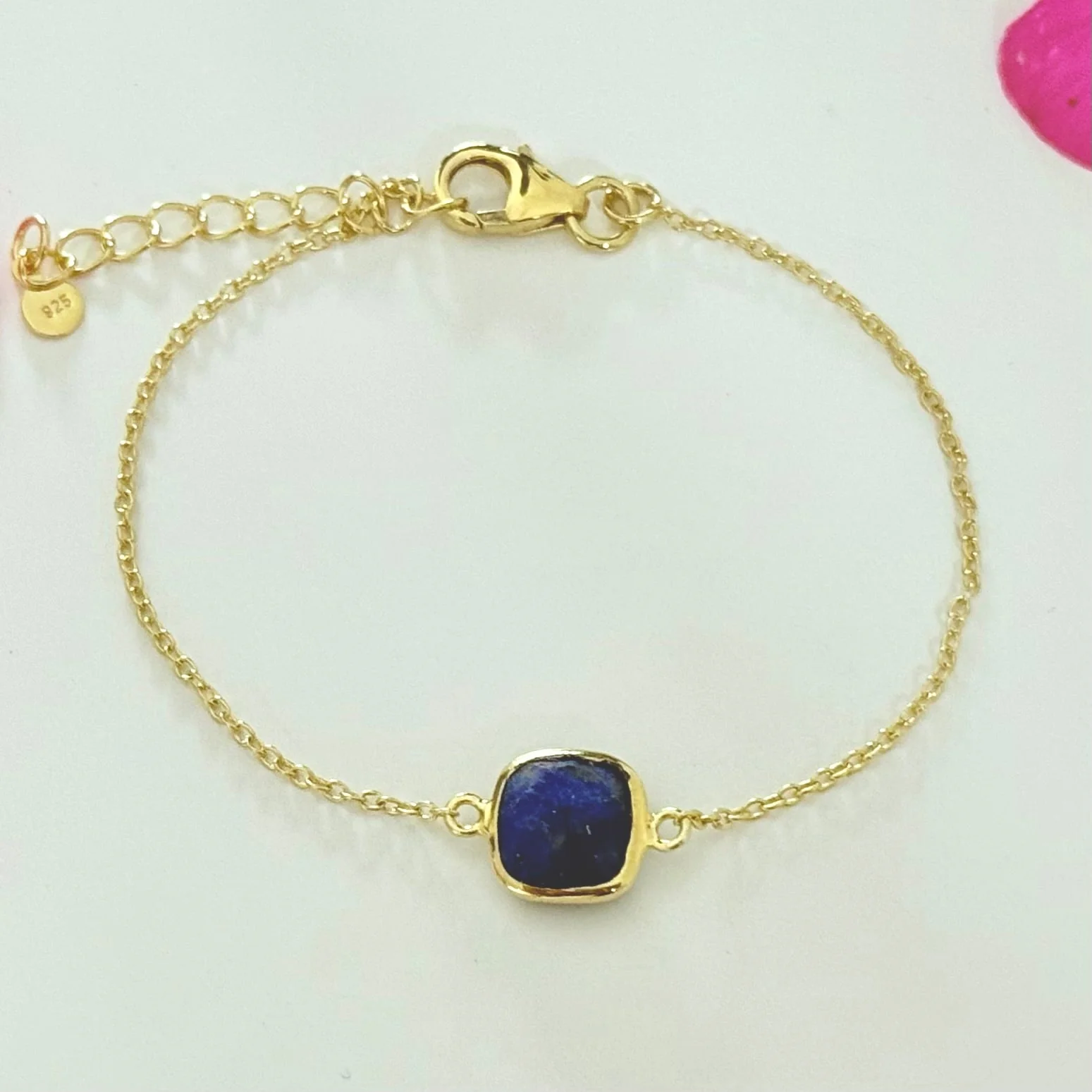 Minimal Adjustable Bracelet in 3 micron 18k Gold Plated Sterling Silver with a Squared Shaped Lapis Lazuli Gemstone - Image 3