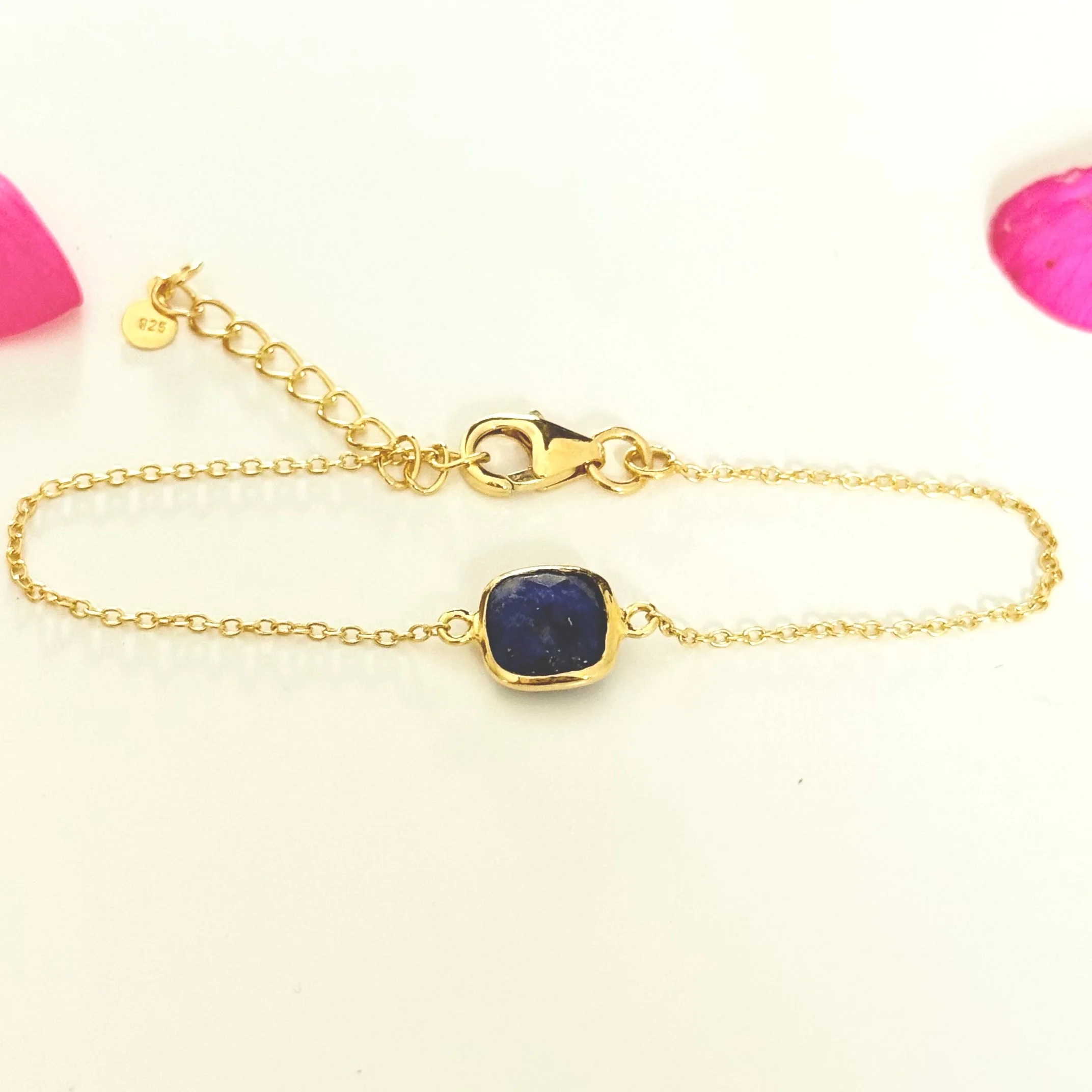 Minimal Adjustable Bracelet in 3 micron 18k Gold Plated Sterling Silver with a Squared Shaped Lapis Lazuli Gemstone - Image 4