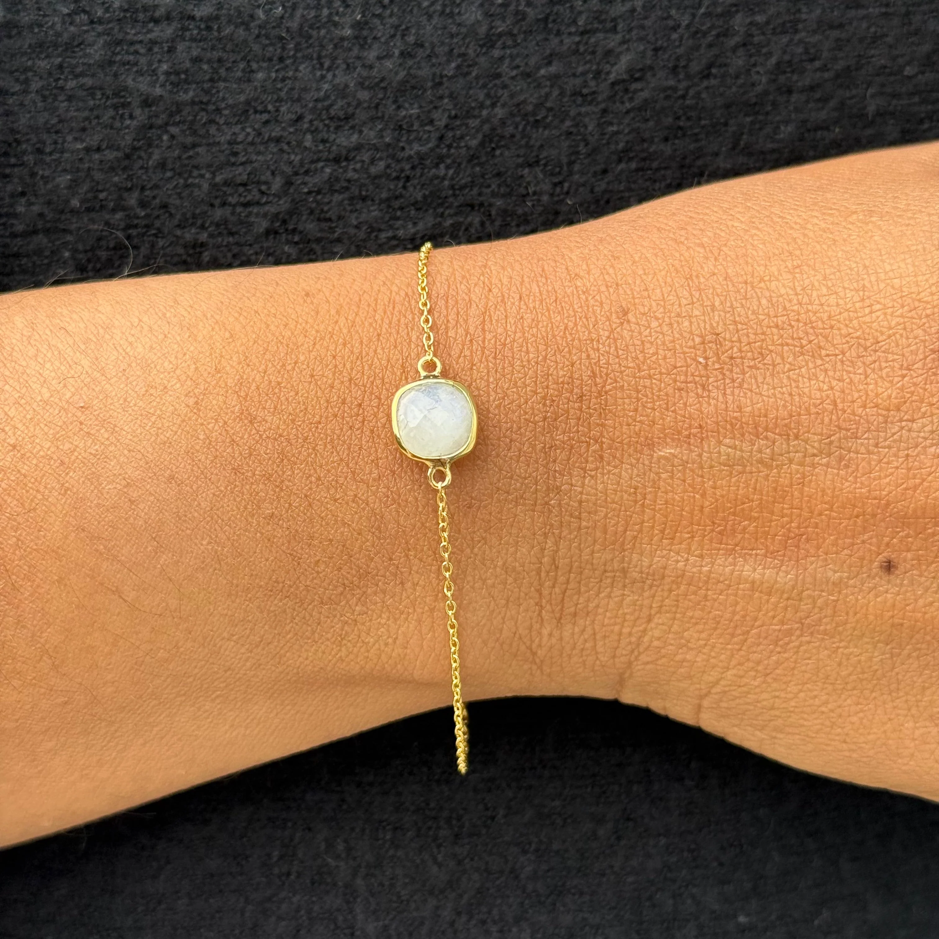 Minimal Adjustable Bracelet in 3 micron 18k Gold Plated Sterling Silver with a Squared Shaped Moonstone Gemstone - Image 3